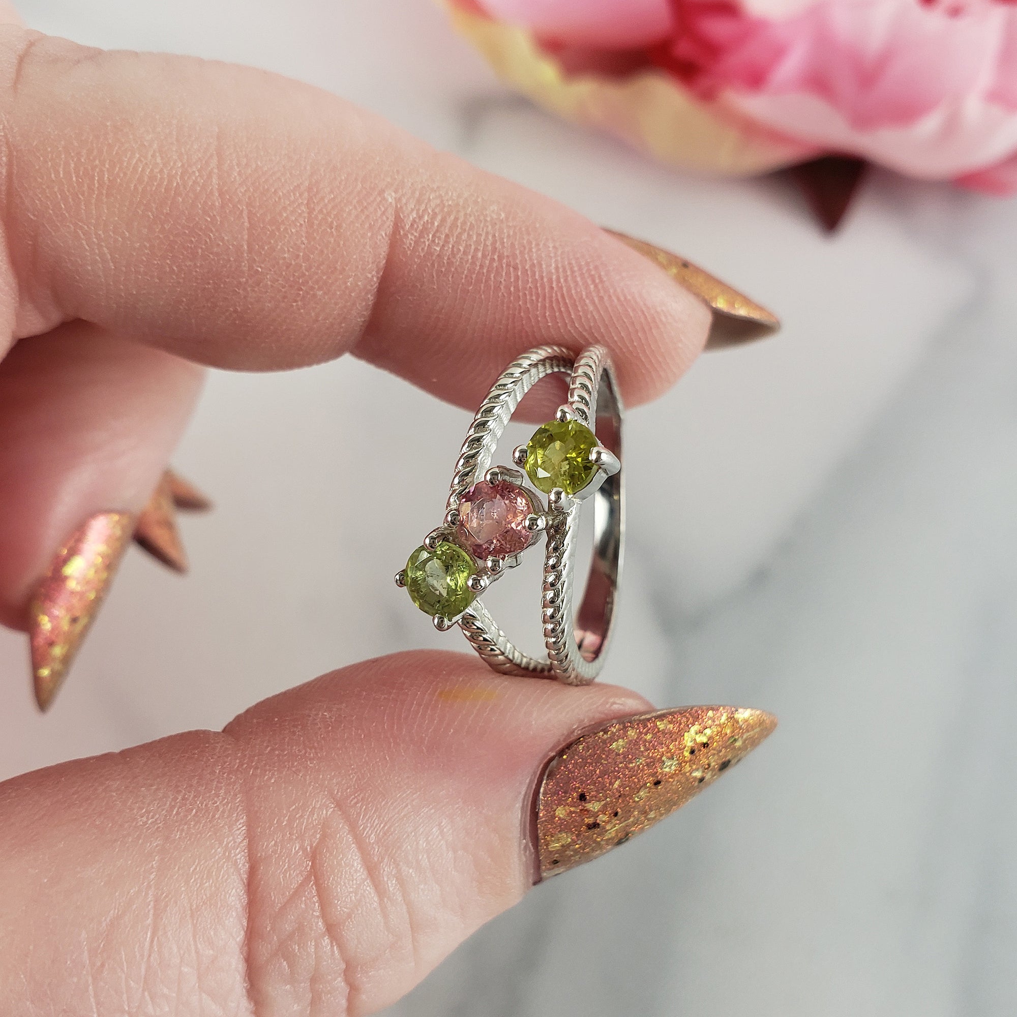 Green Tourmaline & Pink Tourmaline Crystal Natural Gemstone 925 Sterling Silver Ring | Size 7 - 6