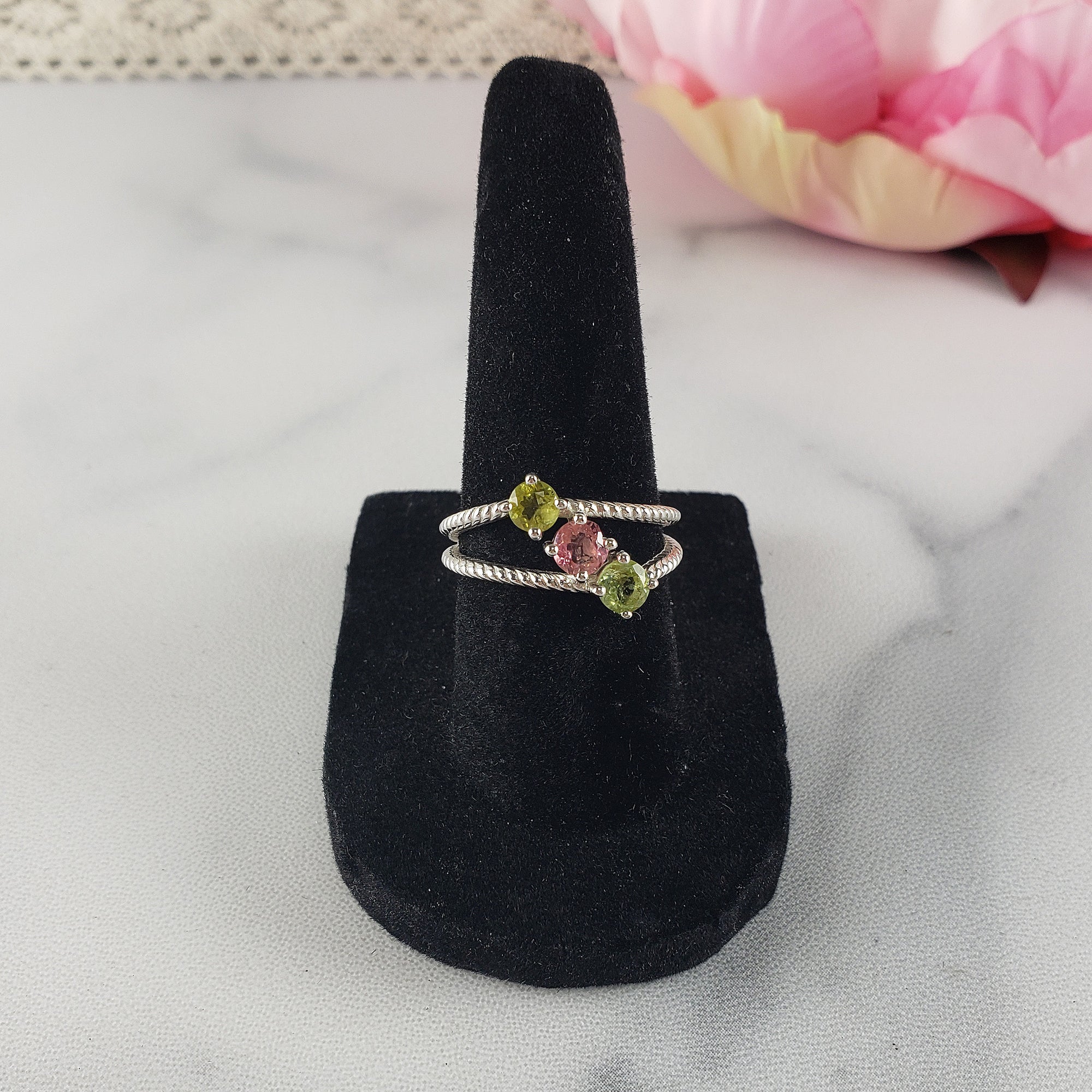 Green Tourmaline & Pink Tourmaline Crystal Natural Gemstone 925 Sterling Silver Ring | Size 7