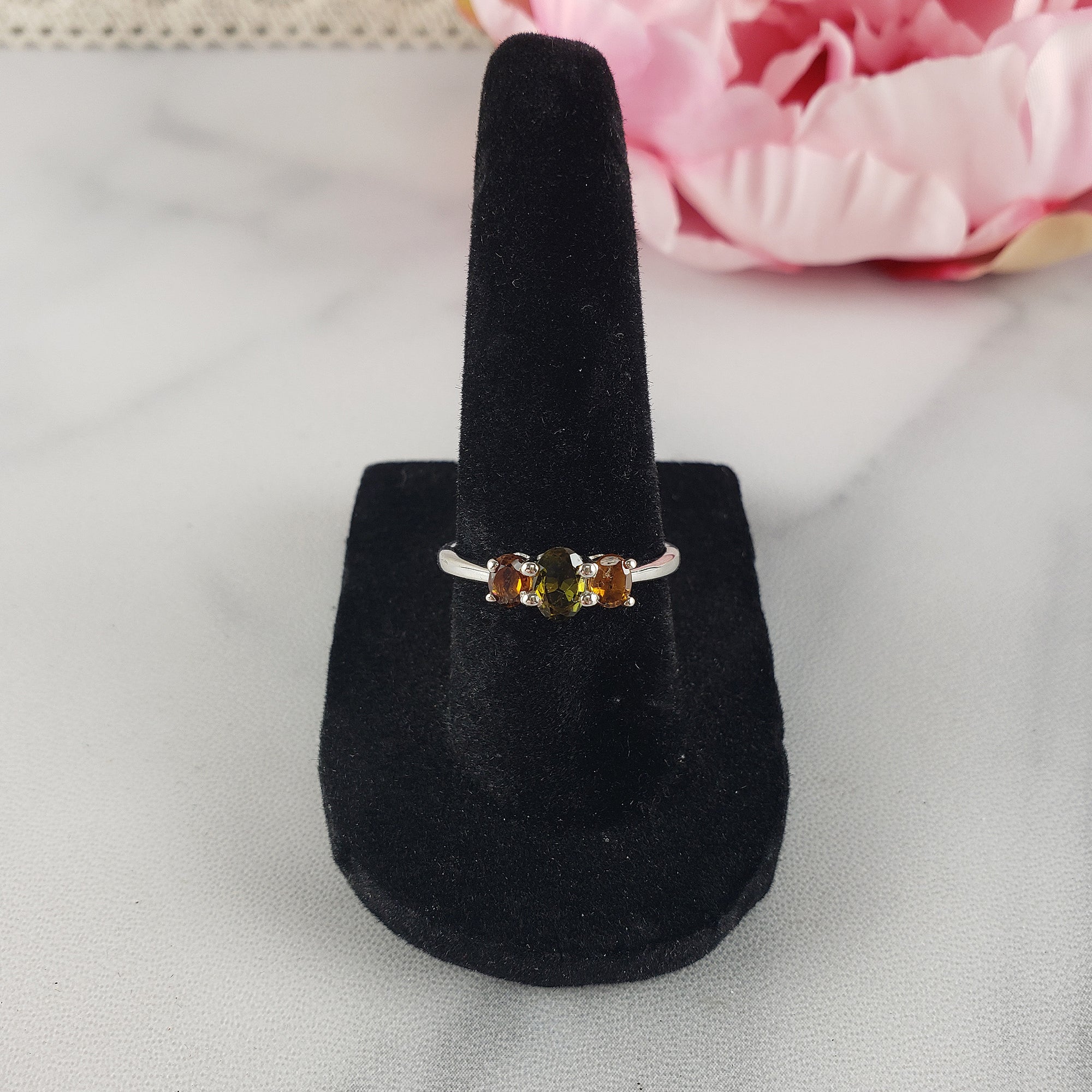 Green Tourmaline & Yellow Tourmaline Crystal Natural Gemstone 925 Sterling Silver Ring | Size 7