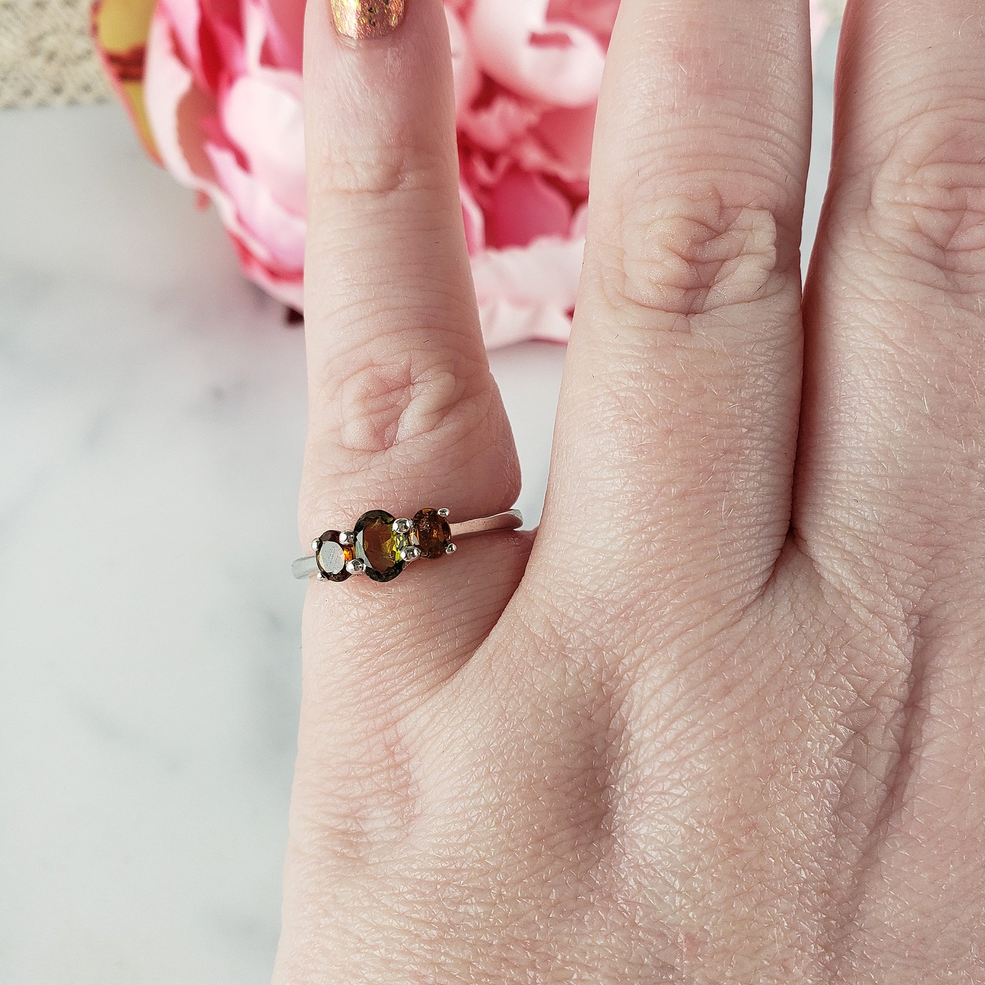 Green Tourmaline & Yellow Tourmaline Crystal Natural Gemstone 925 Sterling Silver Ring | Size 7 - 3