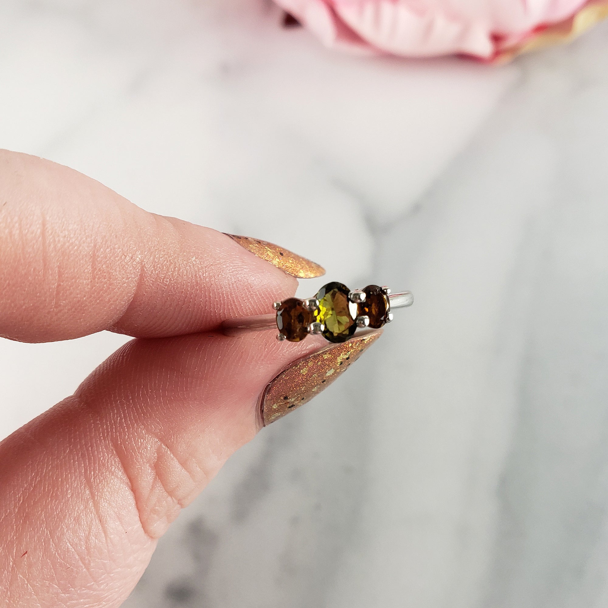 Green Tourmaline &amp; Yellow Tourmaline Crystal Natural Gemstone 925 Sterling Silver Ring | Size 7 - 4