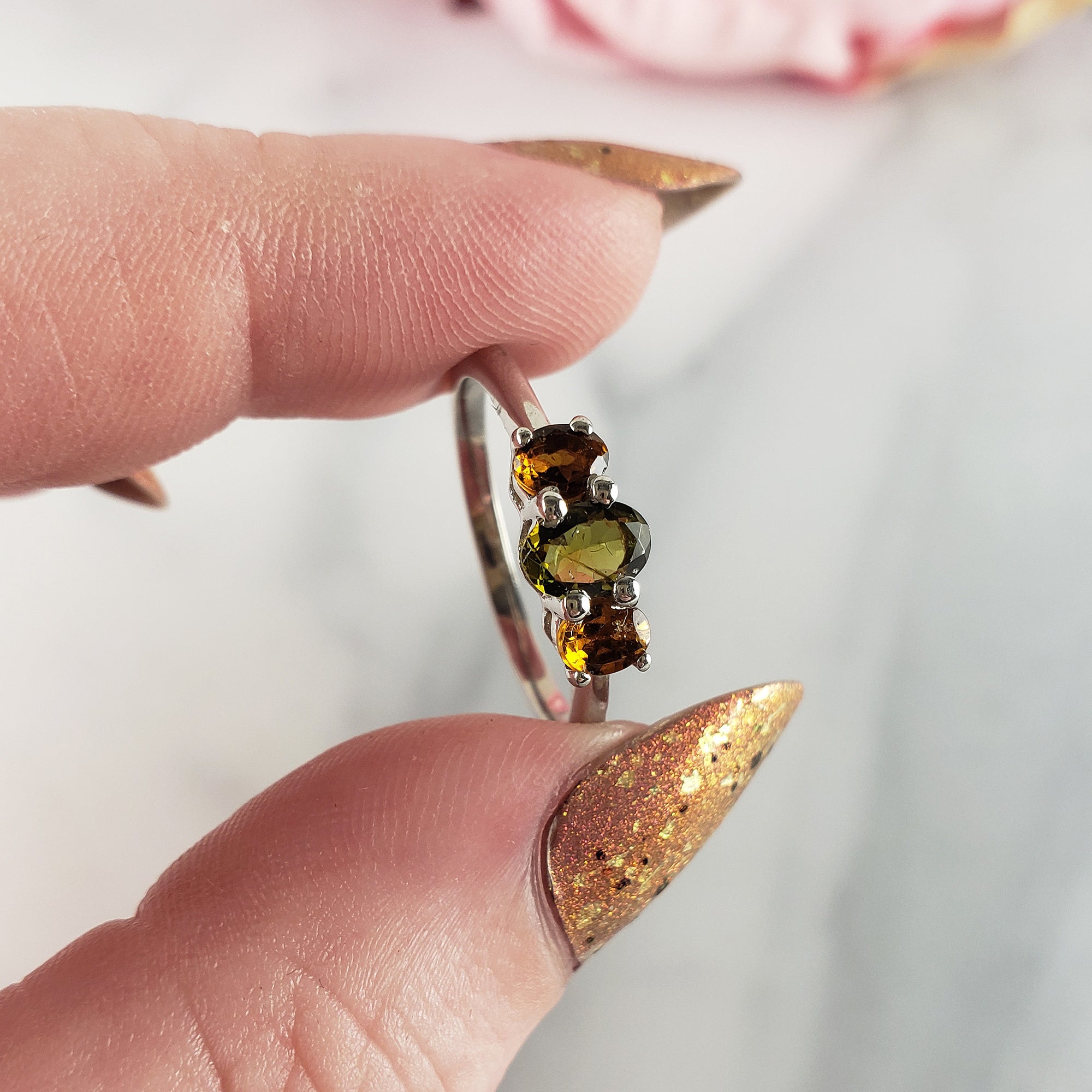Green Tourmaline & Yellow Tourmaline Crystal Natural Gemstone 925 Sterling Silver Ring | Size 7 - 1
