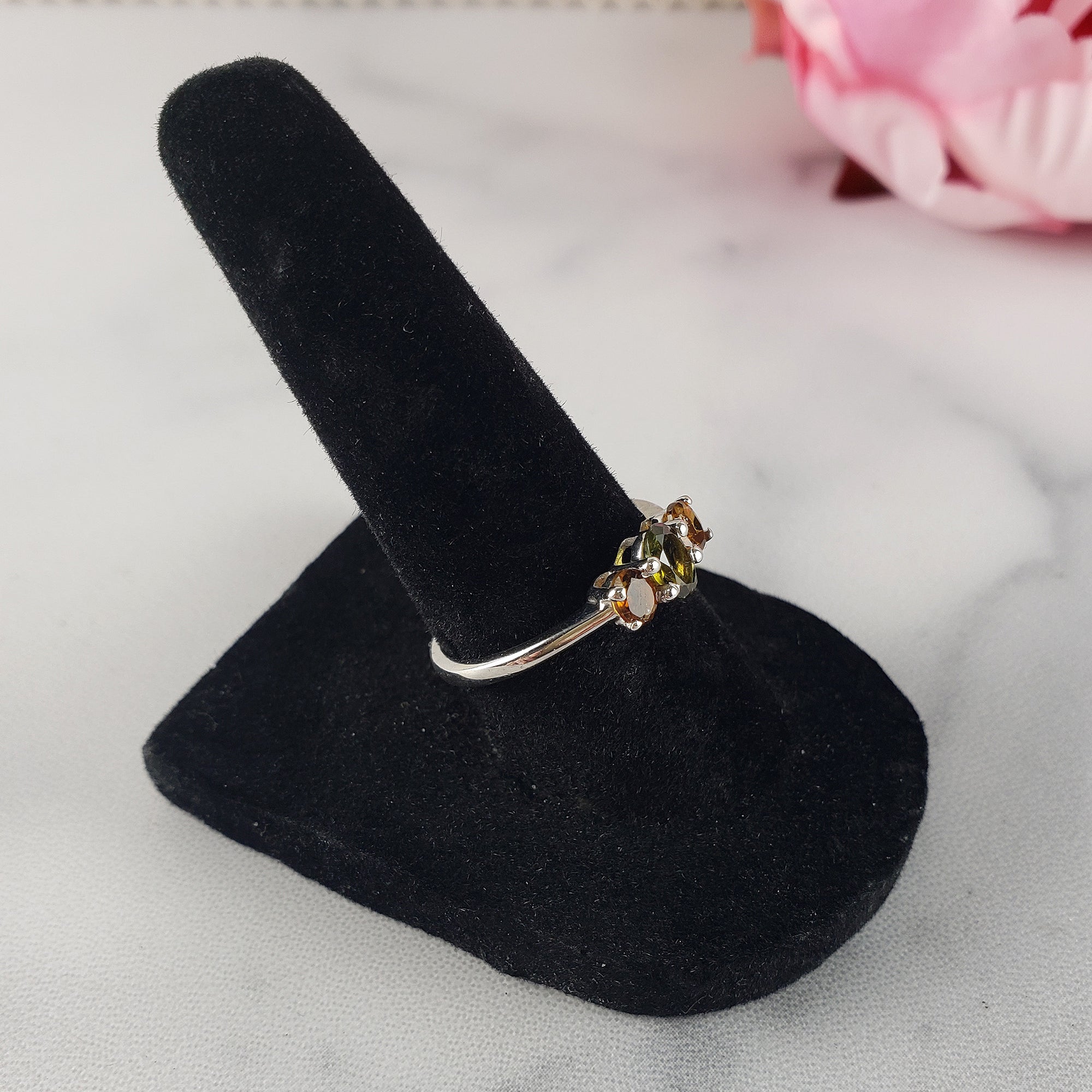 Green Tourmaline &amp; Yellow Tourmaline Crystal Natural Gemstone 925 Sterling Silver Ring | Size 7 - 6