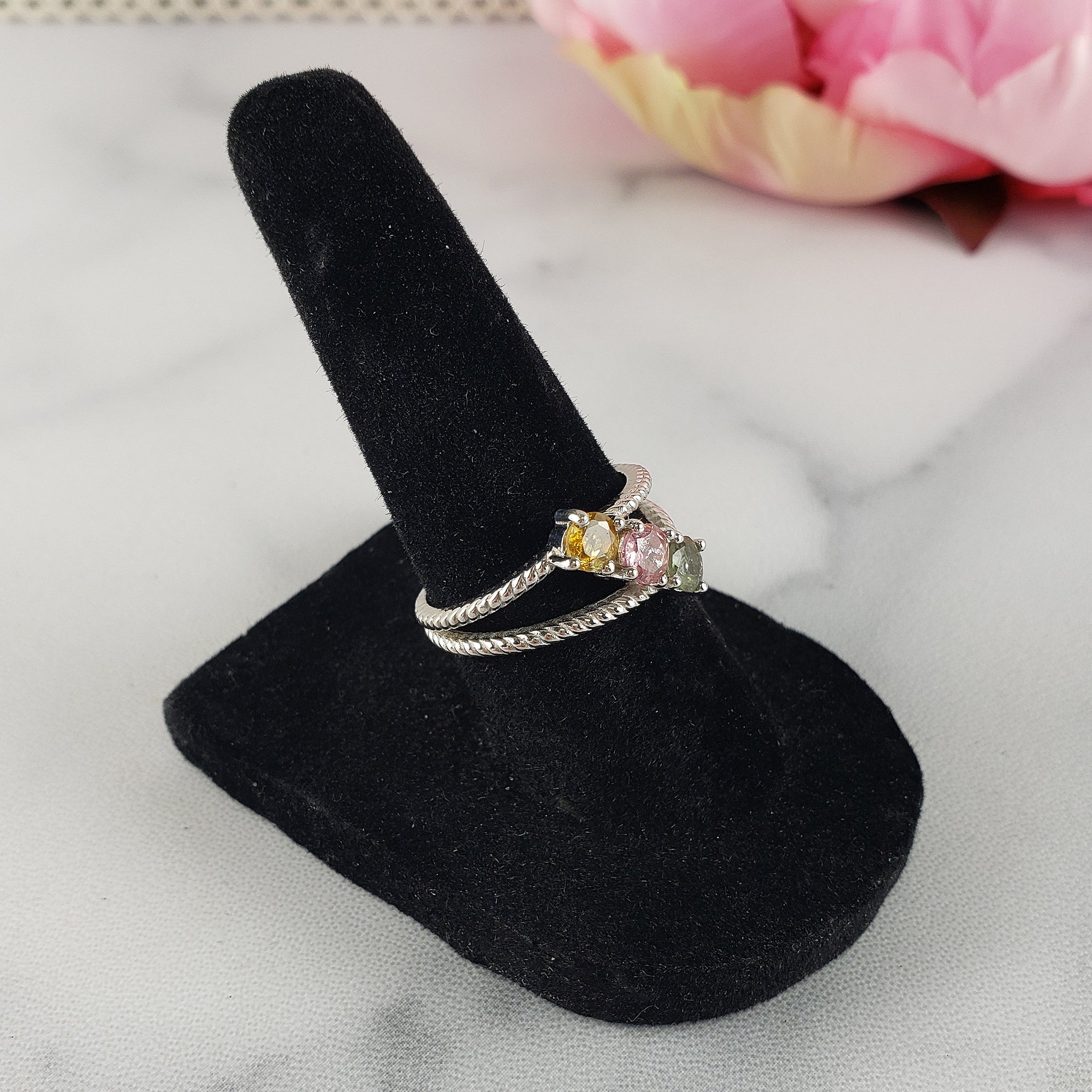 Yellow Tourmaline, Pink Tourmaline, &amp; Green Tourmaline Crystal Natural Gemstone 925 Sterling Silver Ring | Size 7 -1