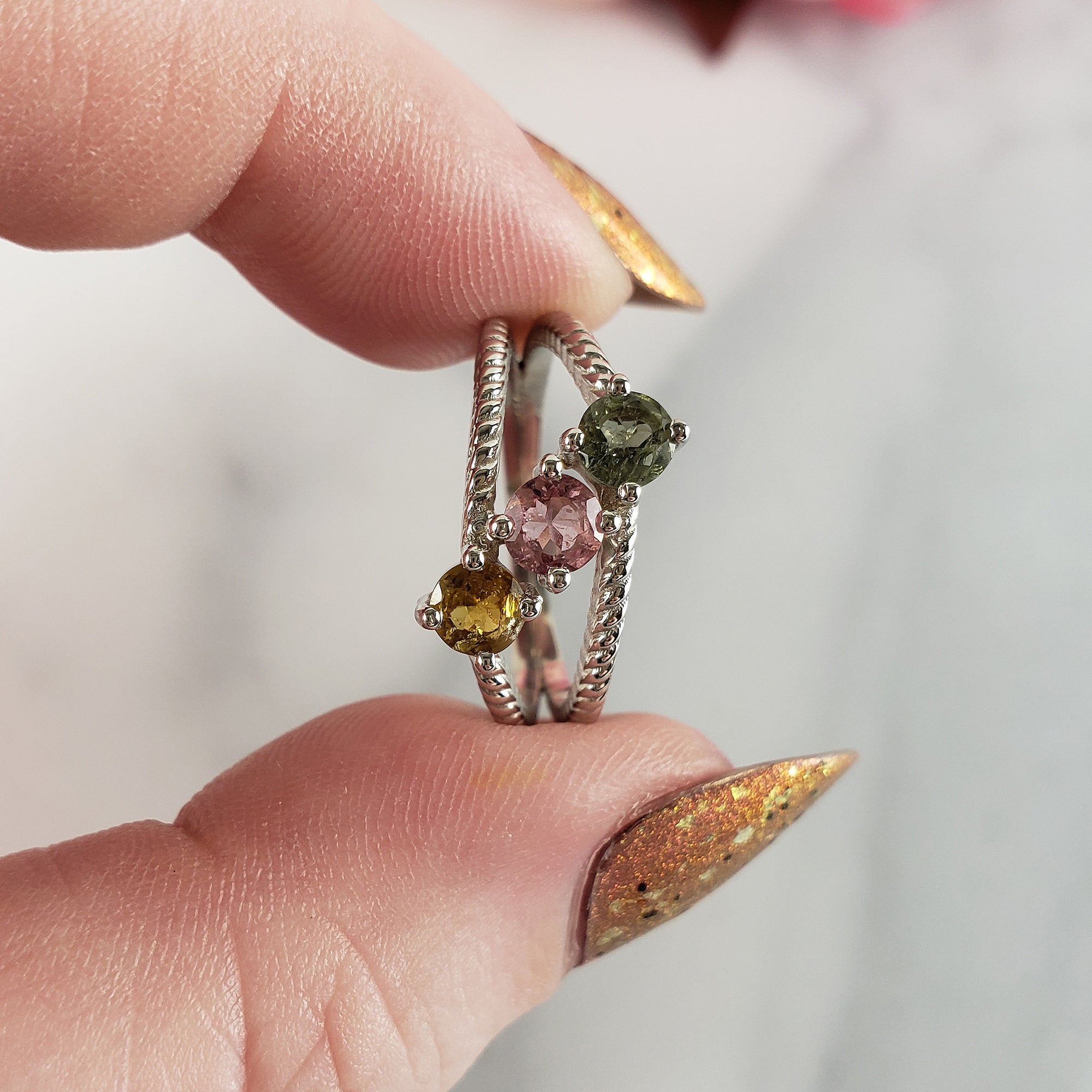 Yellow Tourmaline, Pink Tourmaline, &amp; Green Tourmaline Crystal Natural Gemstone 925 Sterling Silver Ring | Size 7 - 2