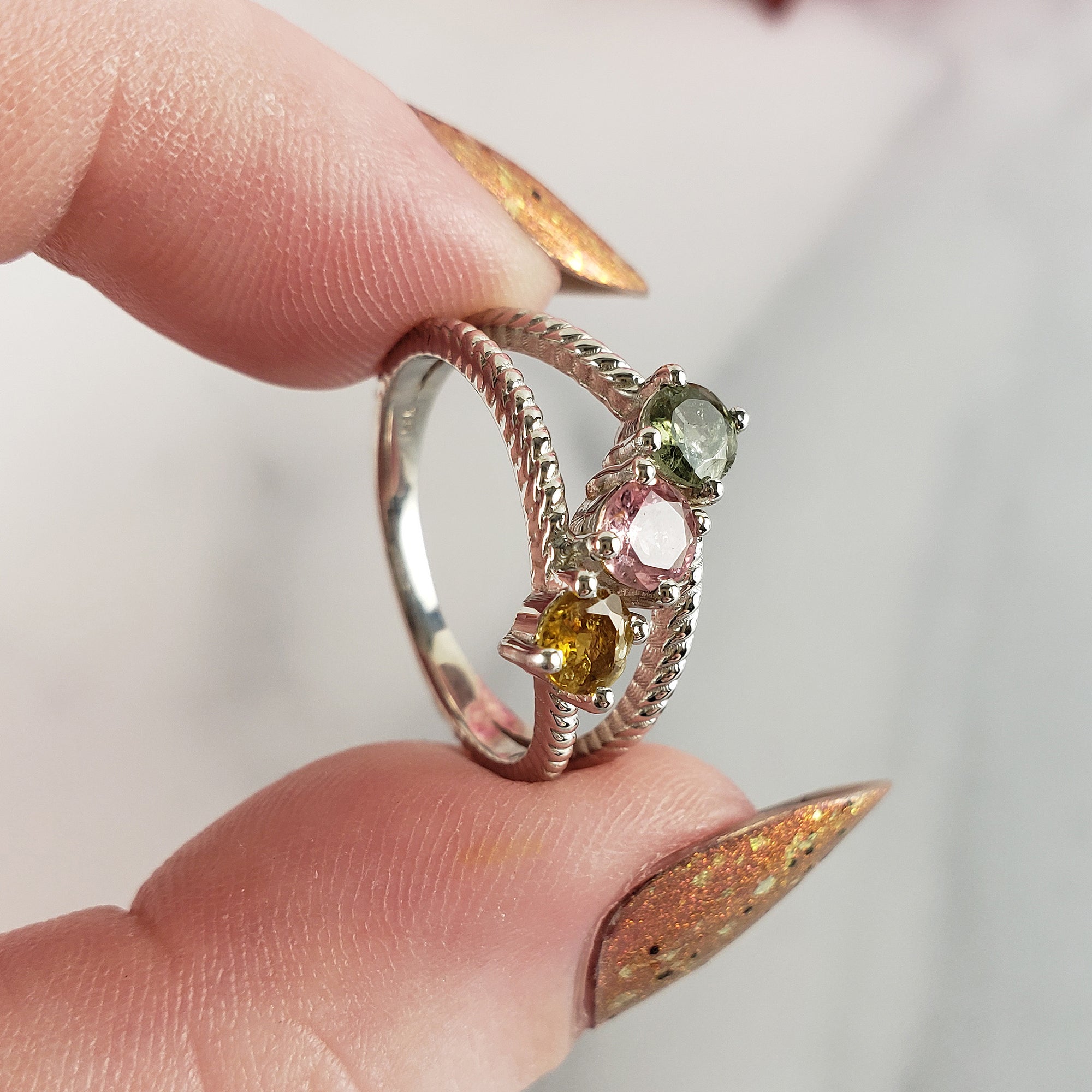 Yellow Tourmaline, Pink Tourmaline, & Green Tourmaline Crystal Natural Gemstone 925 Sterling Silver Ring | Size 7 - 3