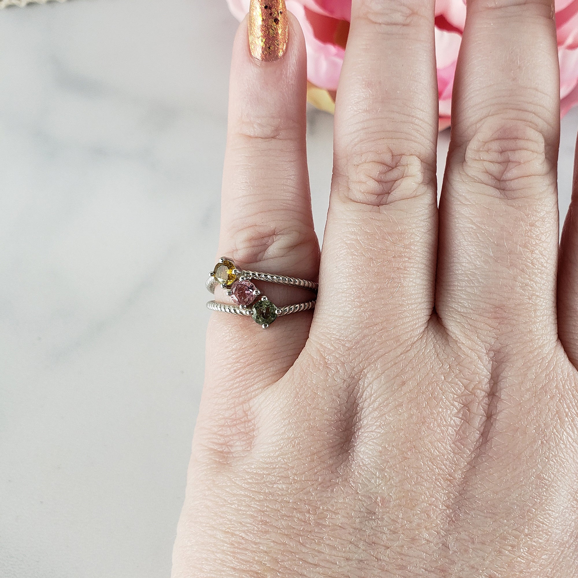 Yellow Tourmaline, Pink Tourmaline, & Green Tourmaline Crystal Natural Gemstone 925 Sterling Silver Ring | Size 7 - 4