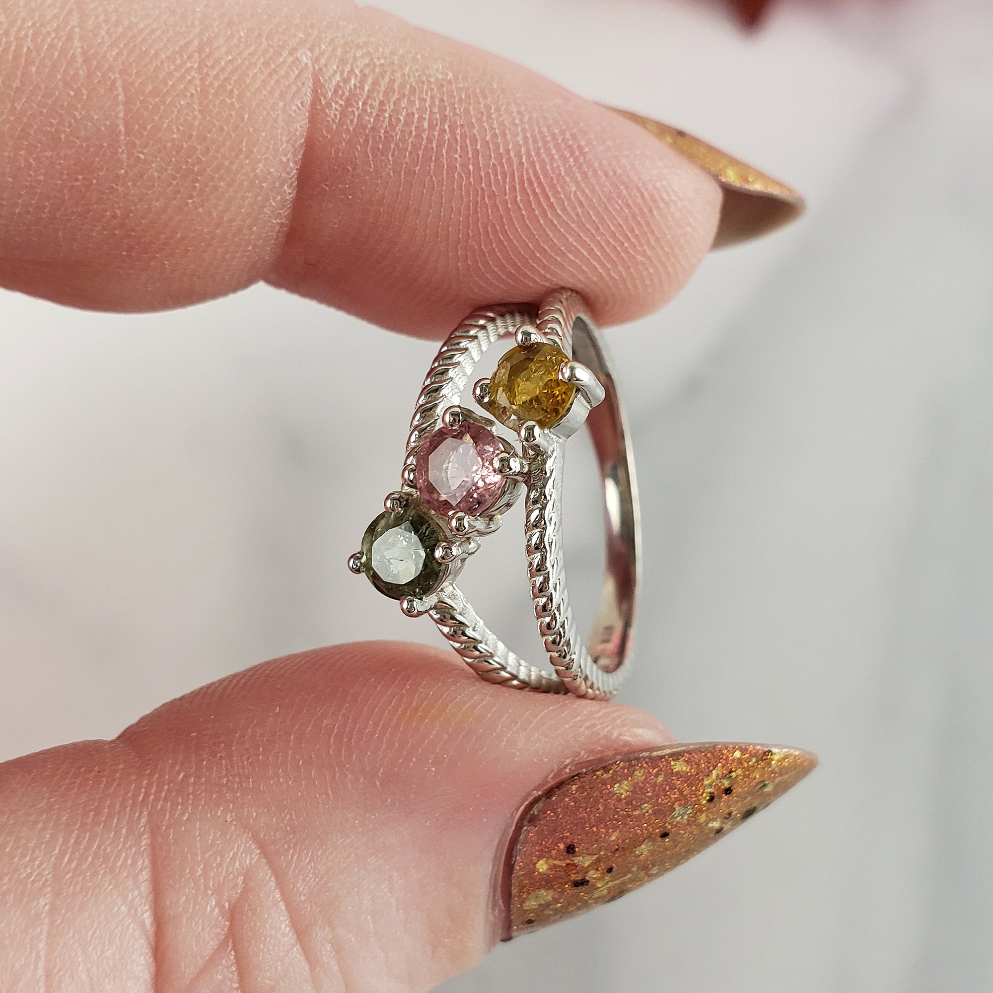 Yellow Tourmaline, Pink Tourmaline, &amp; Green Tourmaline Crystal Natural Gemstone 925 Sterling Silver Ring | Size 7 - 5