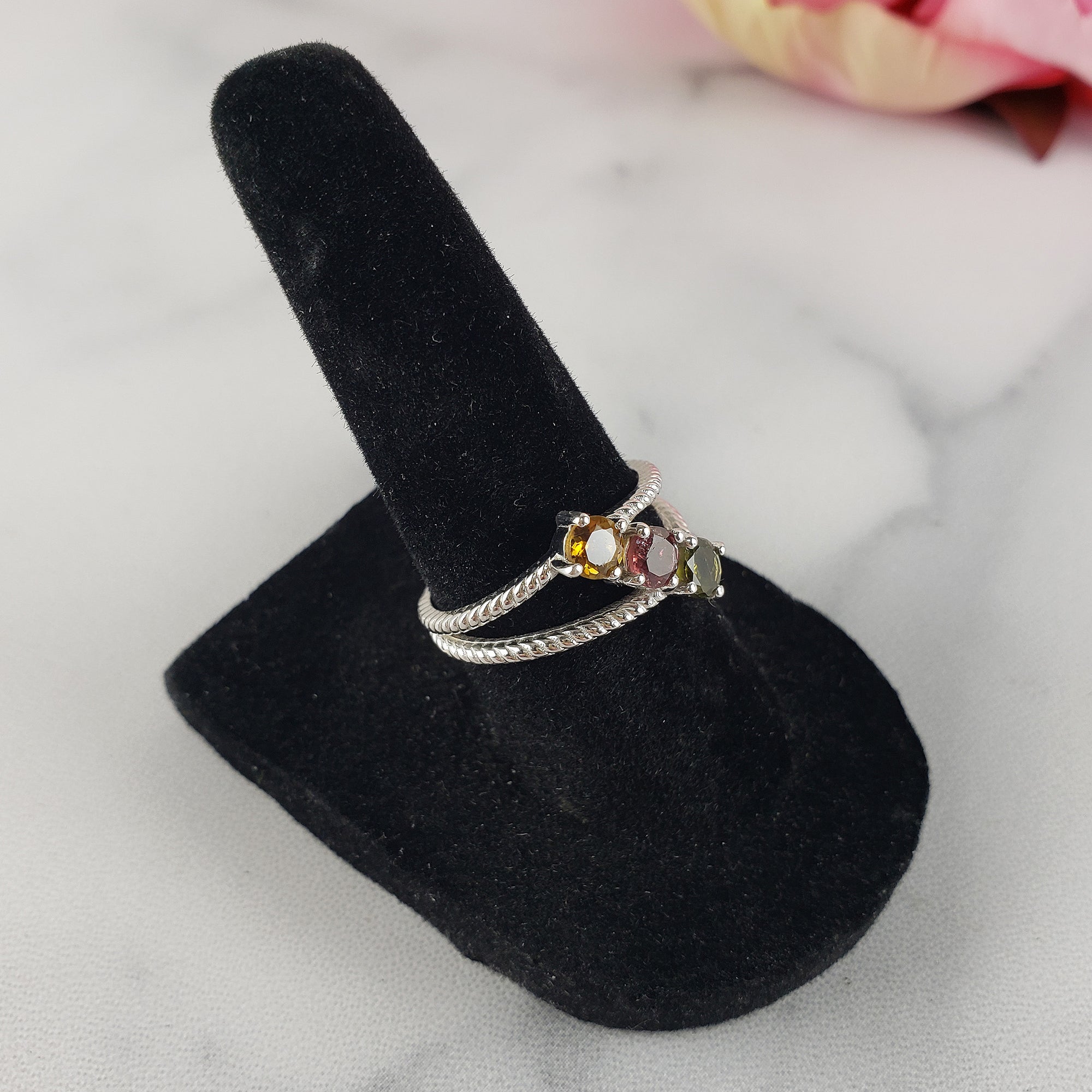 Yellow Tourmaline, Pink Tourmaline, &amp; Green Tourmaline Crystal Natural Gemstone 925 Sterling Silver Ring | Size 7 - C
