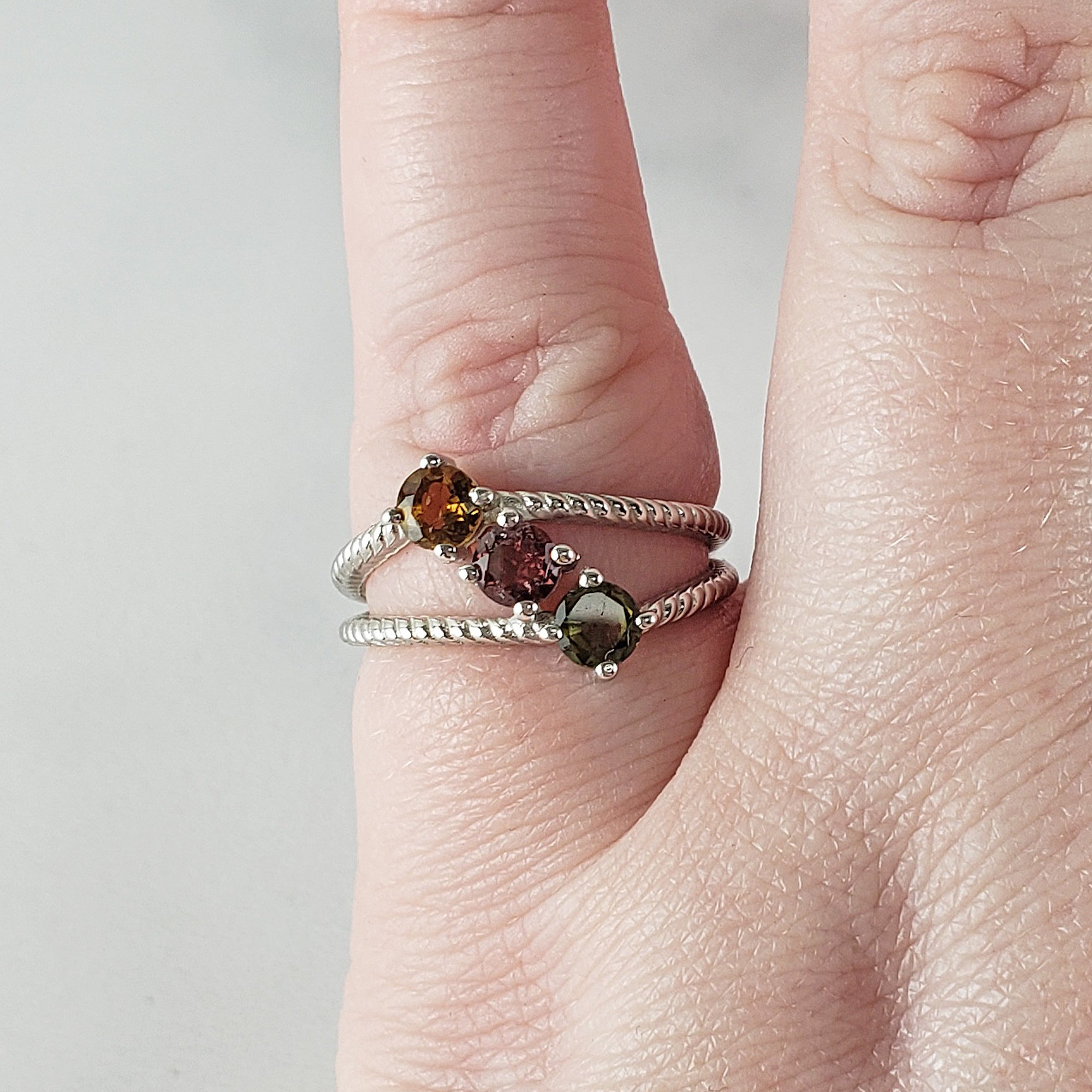 Yellow Tourmaline, Pink Tourmaline, & Green Tourmaline Crystal Natural Gemstone 925 Sterling Silver Ring | Size 7 - B
