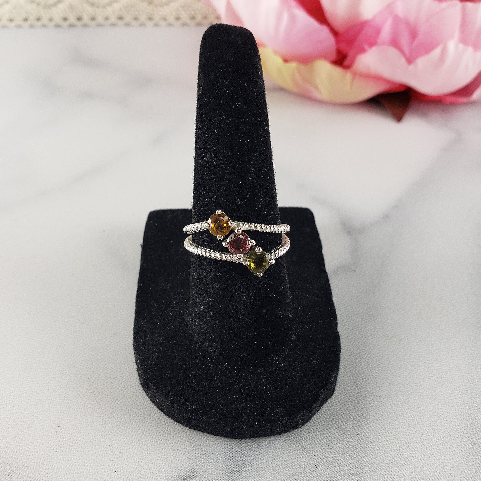 Yellow Tourmaline, Pink Tourmaline, & Green Tourmaline Crystal Natural Gemstone 925 Sterling Silver Ring | Size 7