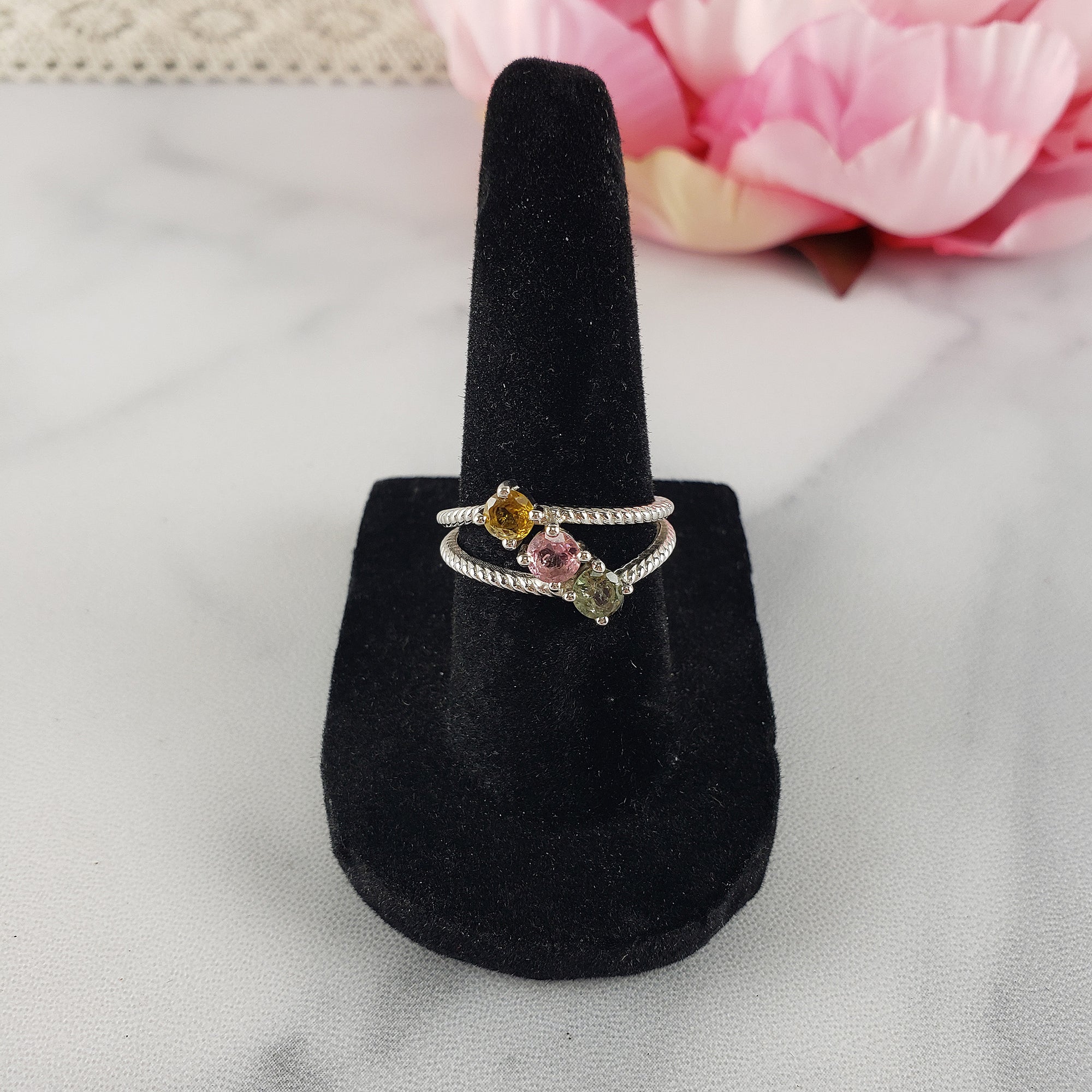 Yellow Tourmaline, Pink Tourmaline, & Green Tourmaline Crystal Natural Gemstone 925 Sterling Silver Ring | Size 7