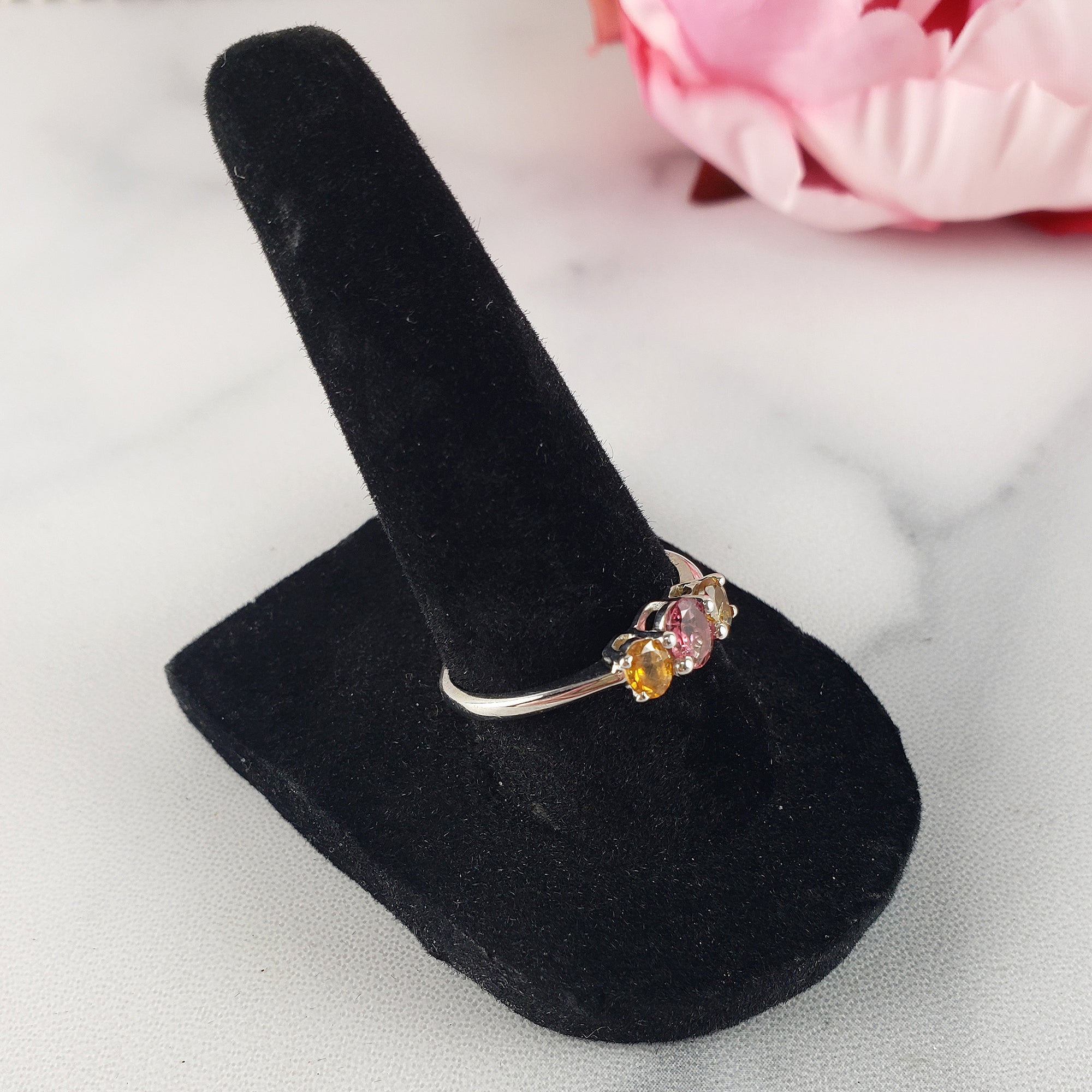 Pink Tourmaline &amp; Yellow Tourmaline Crystal Natural Gemstone 925 Sterling Silver Ring | Size 8 - 2