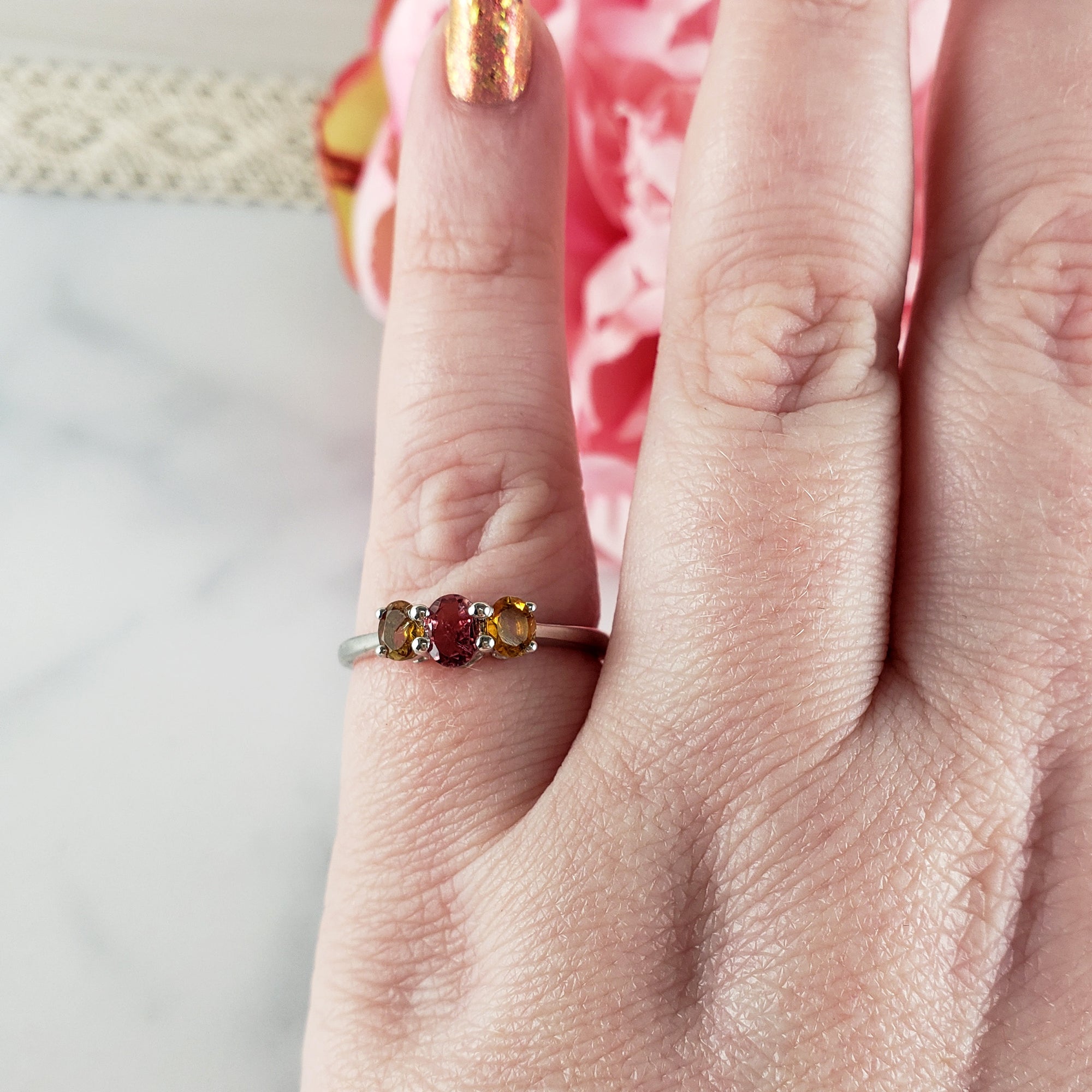 Pink Tourmaline & Yellow Tourmaline Crystal Natural Gemstone 925 Sterling Silver Ring | Size 8 - 4