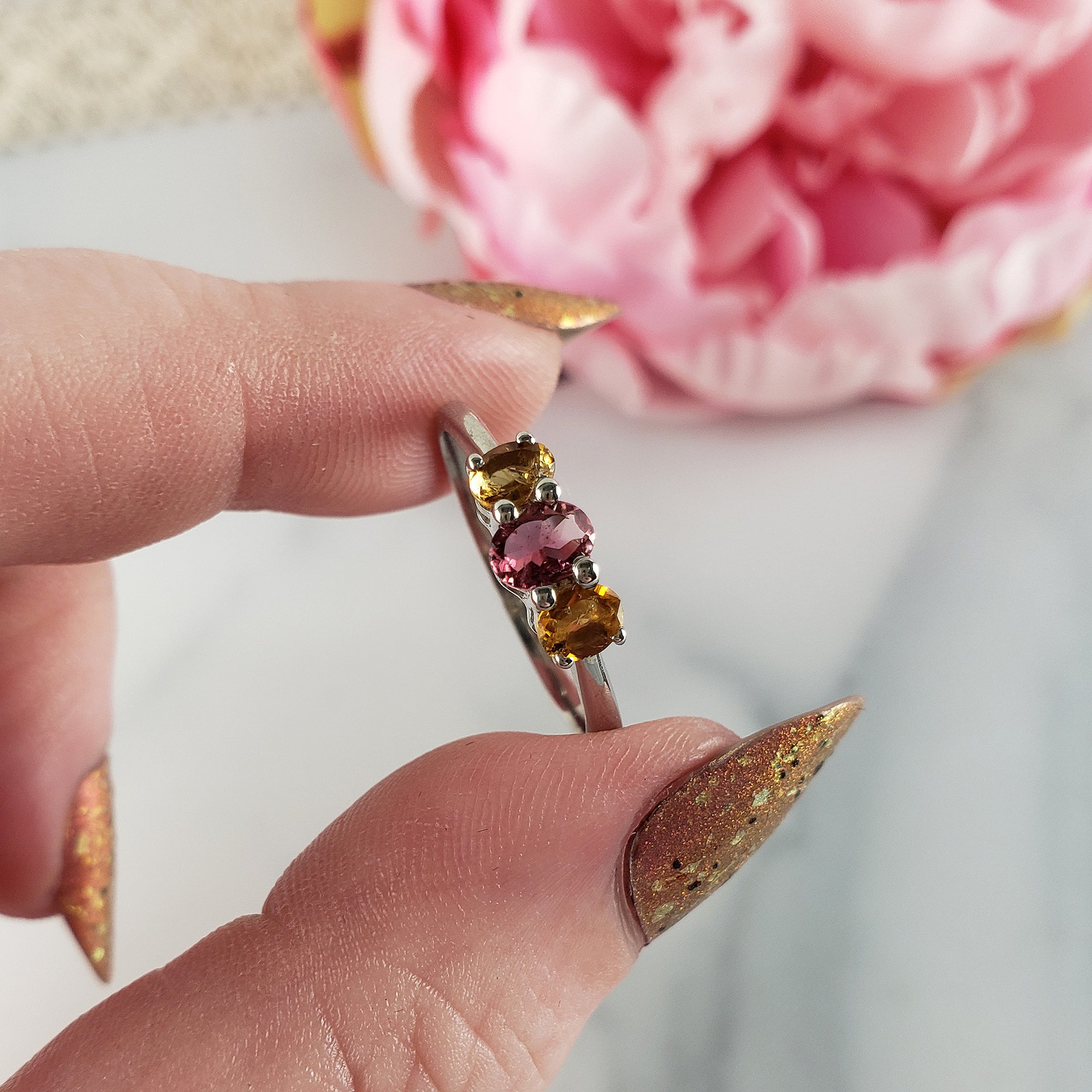 Pink Tourmaline &amp; Yellow Tourmaline Crystal Natural Gemstone 925 Sterling Silver Ring | Size 8 - 5