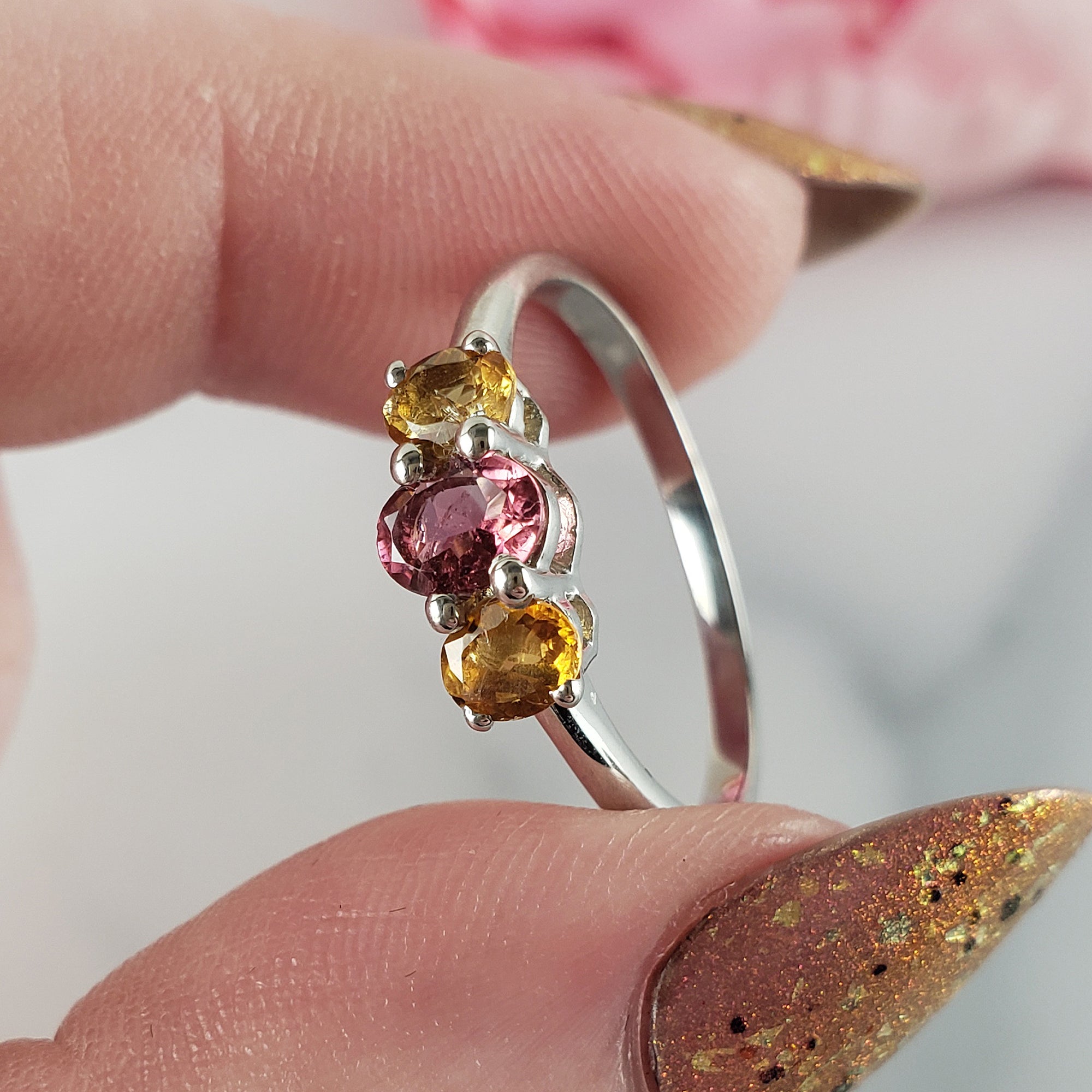 Pink Tourmaline & Yellow Tourmaline Crystal Natural Gemstone 925 Sterling Silver Ring | Size 8 - 6