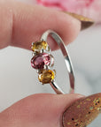 Pink Tourmaline & Yellow Tourmaline Crystal Natural Gemstone 925 Sterling Silver Ring | Size 8 - 6