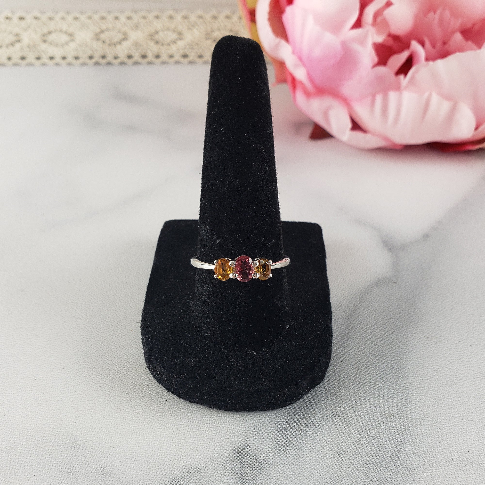 Pink Tourmaline & Yellow Tourmaline Crystal Natural Gemstone 925 Sterling Silver Ring | Size 8