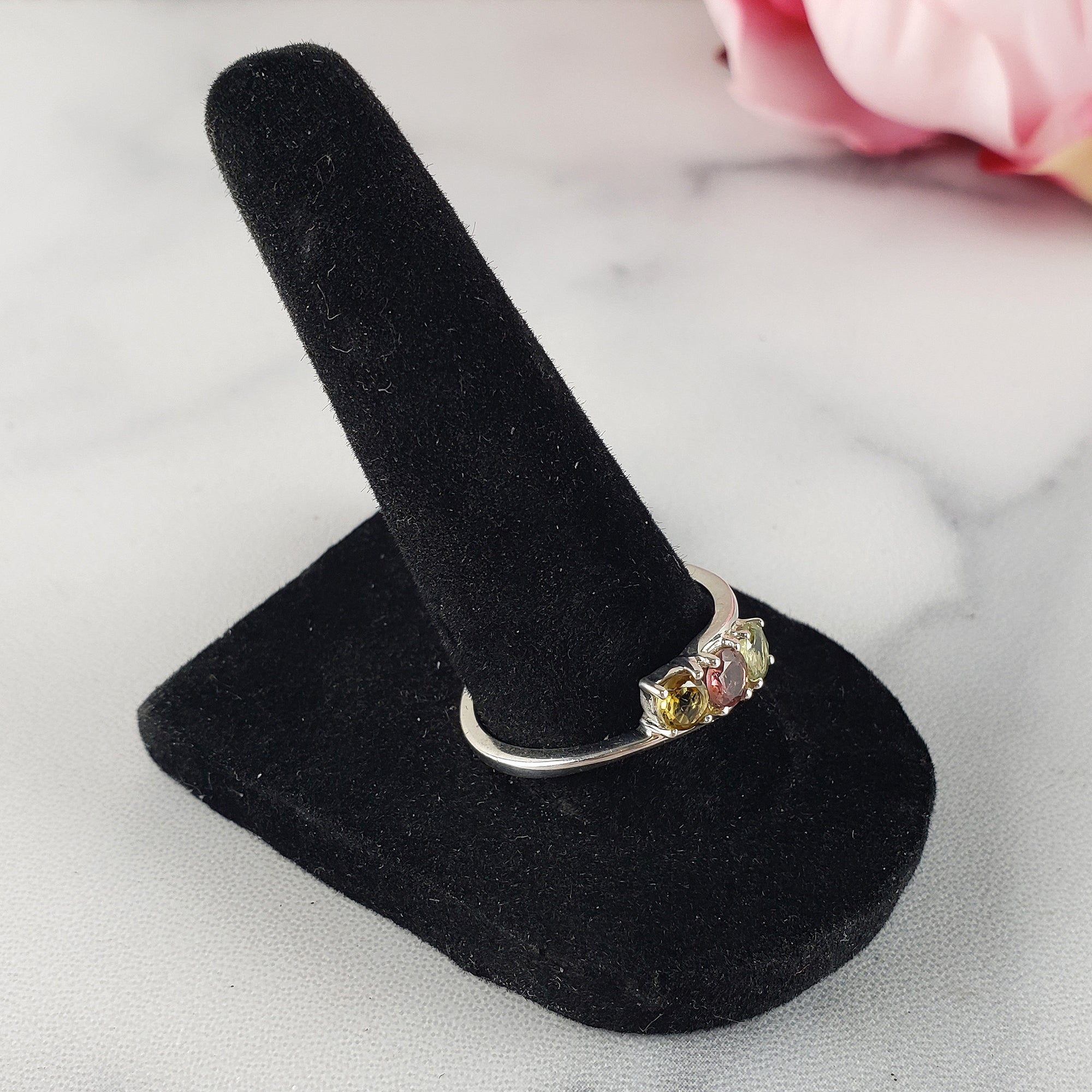 Green Tourmaline, Pink Tourmaline, &amp; Yellow Tourmaline Crystal Natural Gemstone 925 Sterling Silver Ring | Size 9 - 1