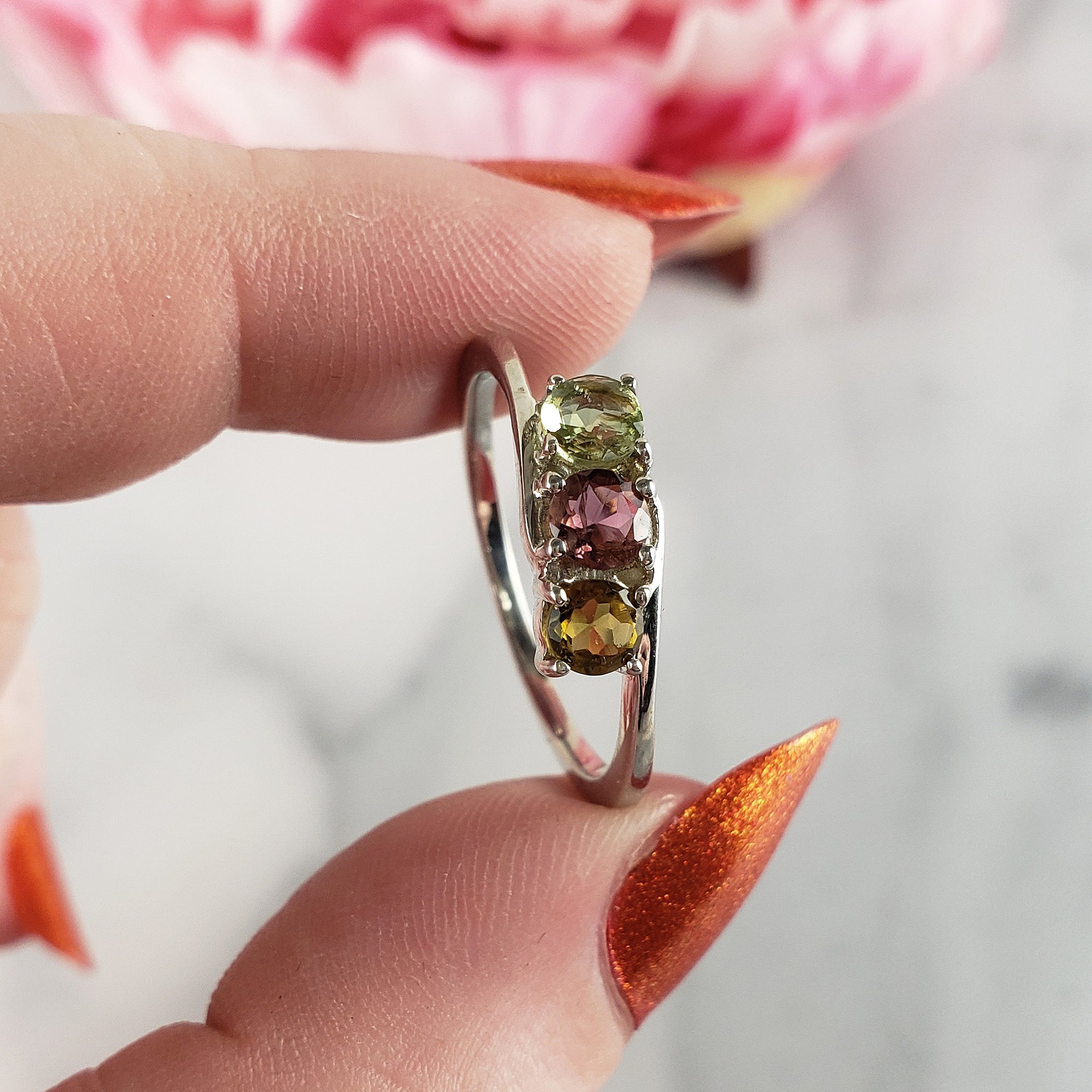 Green Tourmaline, Pink Tourmaline, &amp; Yellow Tourmaline Crystal Natural Gemstone 925 Sterling Silver Ring | Size 9 - 2