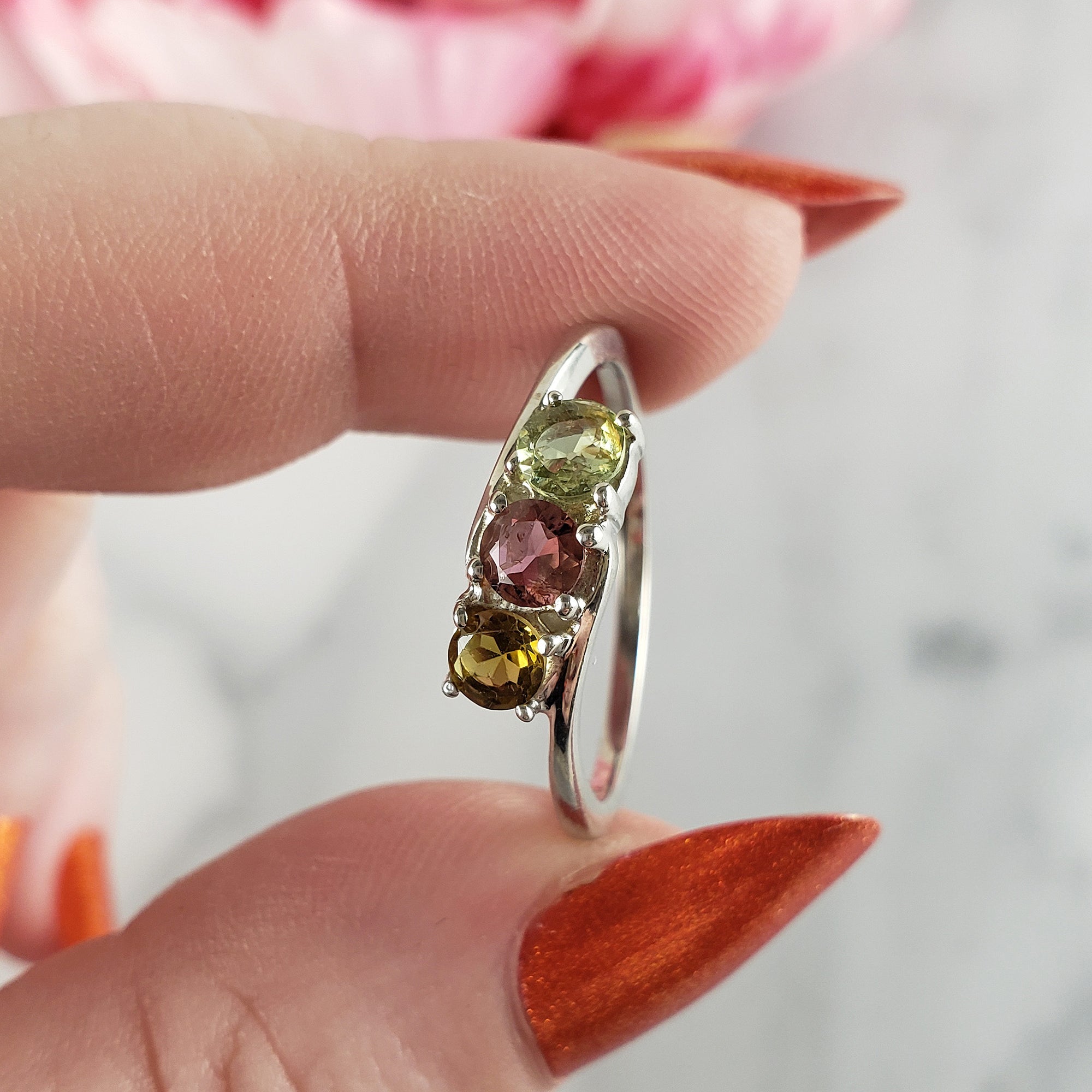 Green Tourmaline, Pink Tourmaline, & Yellow Tourmaline Crystal Natural Gemstone 925 Sterling Silver Ring | Size 9 - 3