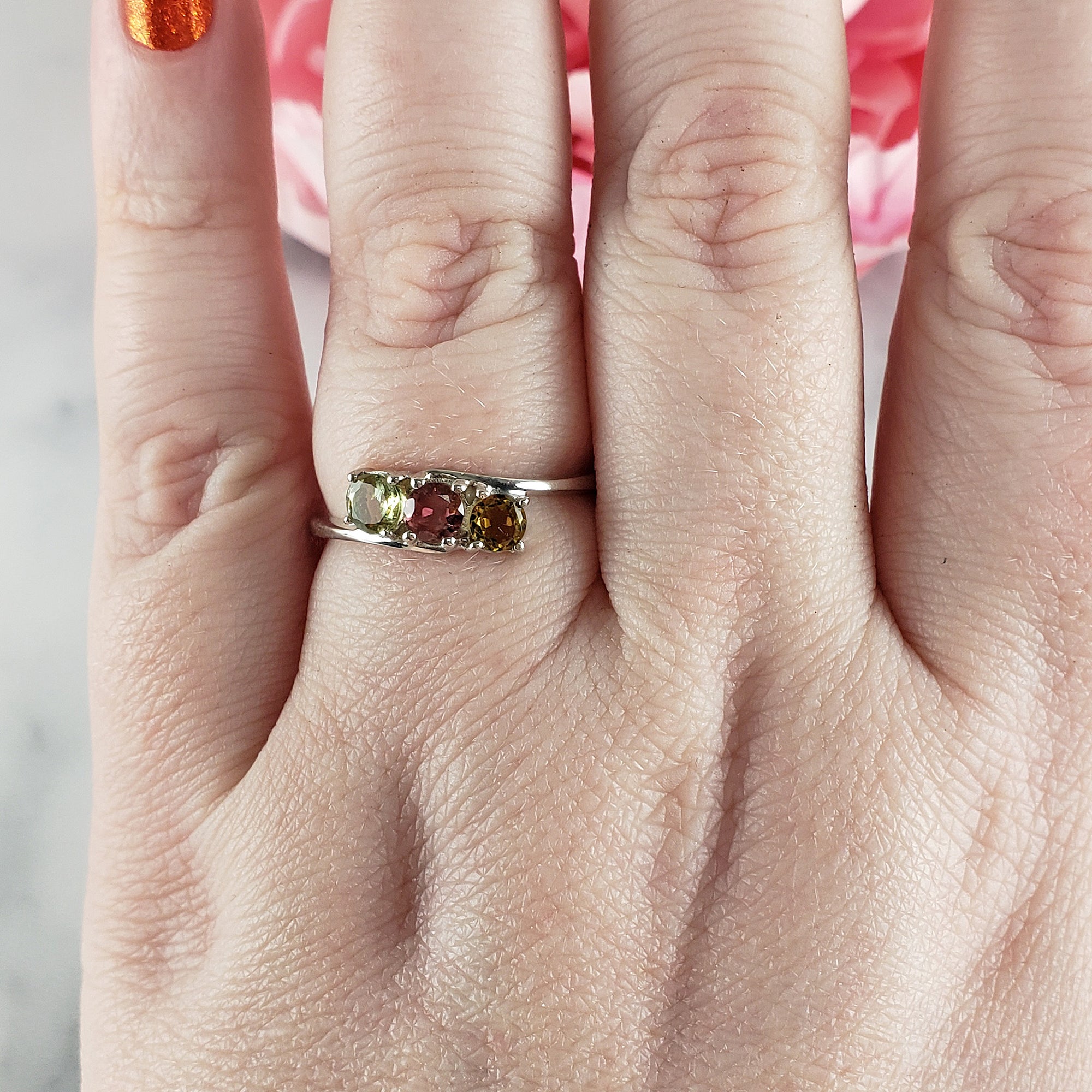 Green Tourmaline, Pink Tourmaline, & Yellow Tourmaline Crystal Natural Gemstone 925 Sterling Silver Ring | Size 9 - 4