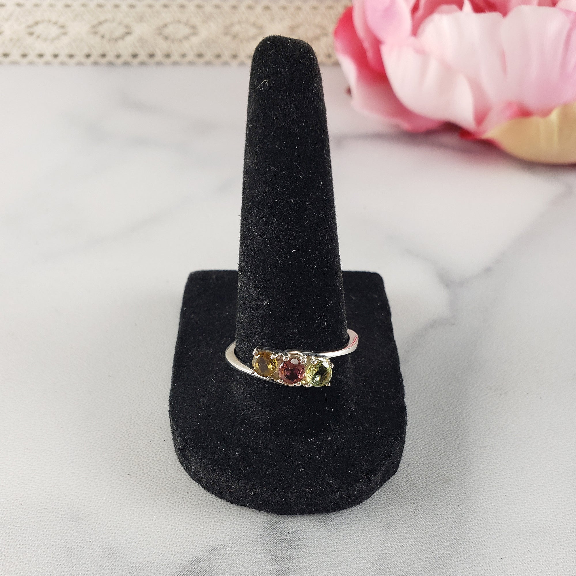 Green Tourmaline, Pink Tourmaline, & Yellow Tourmaline Crystal Natural Gemstone 925 Sterling Silver Ring | Size 9