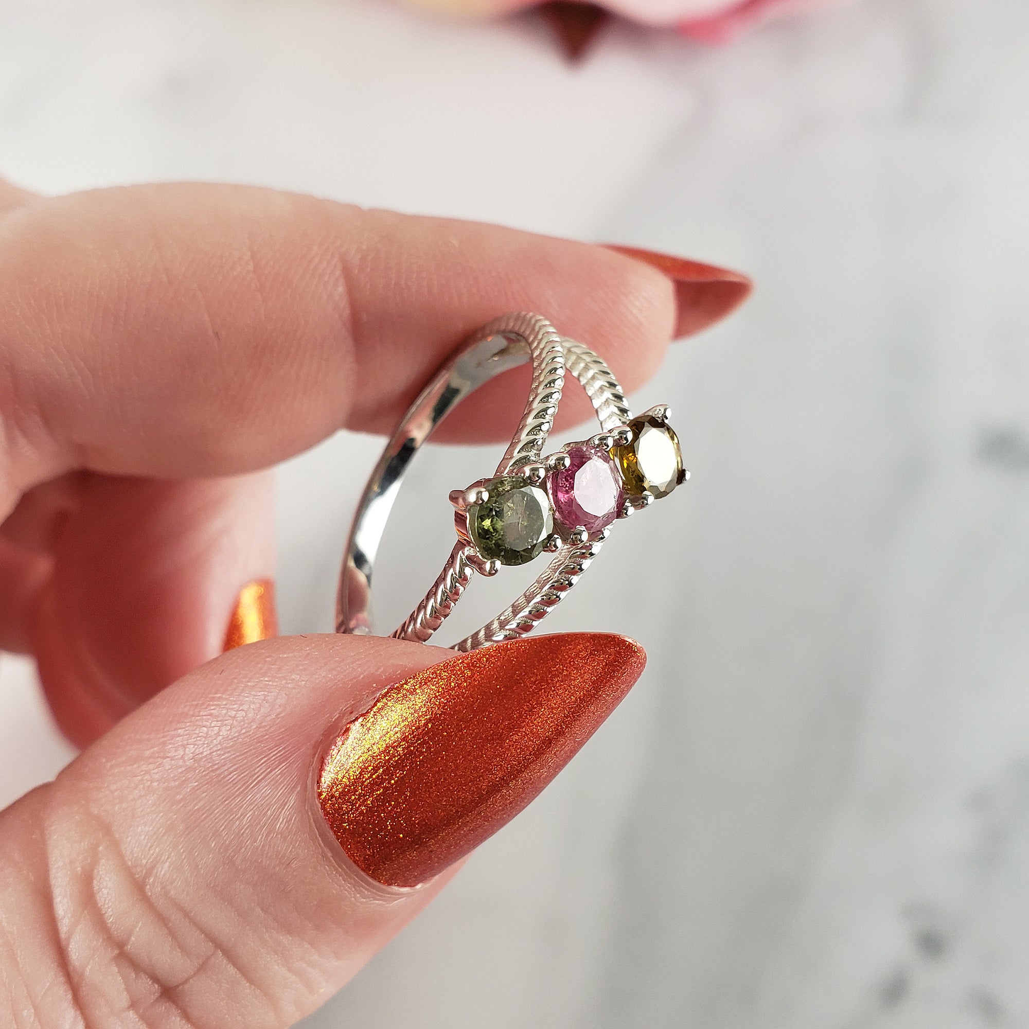 Orange-Yellow Tourmaline, Pink Tourmaline, &amp; Green Tourmaline Crystal Natural Gemstone 925 Sterling Silver Ring | Size 9 - 2