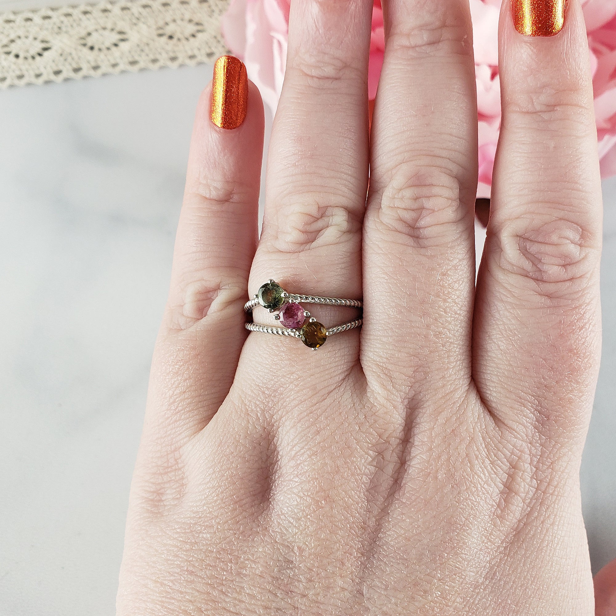 Orange-Yellow Tourmaline, Pink Tourmaline, & Green Tourmaline Crystal Natural Gemstone 925 Sterling Silver Ring | Size 9 - 3