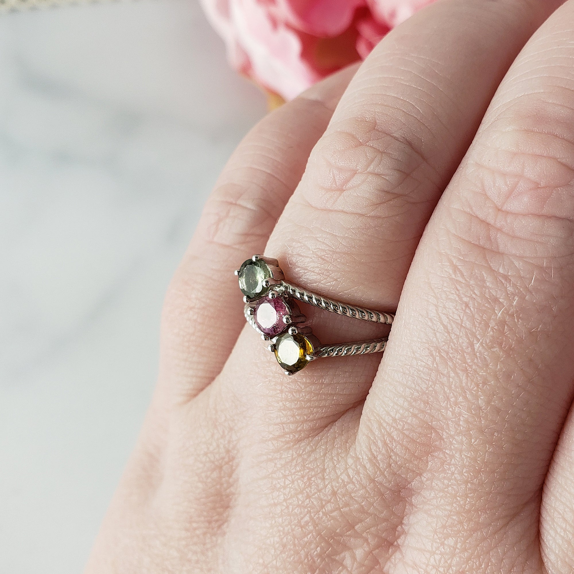 Orange-Yellow Tourmaline, Pink Tourmaline, &amp; Green Tourmaline Crystal Natural Gemstone 925 Sterling Silver Ring | Size 9 - 4