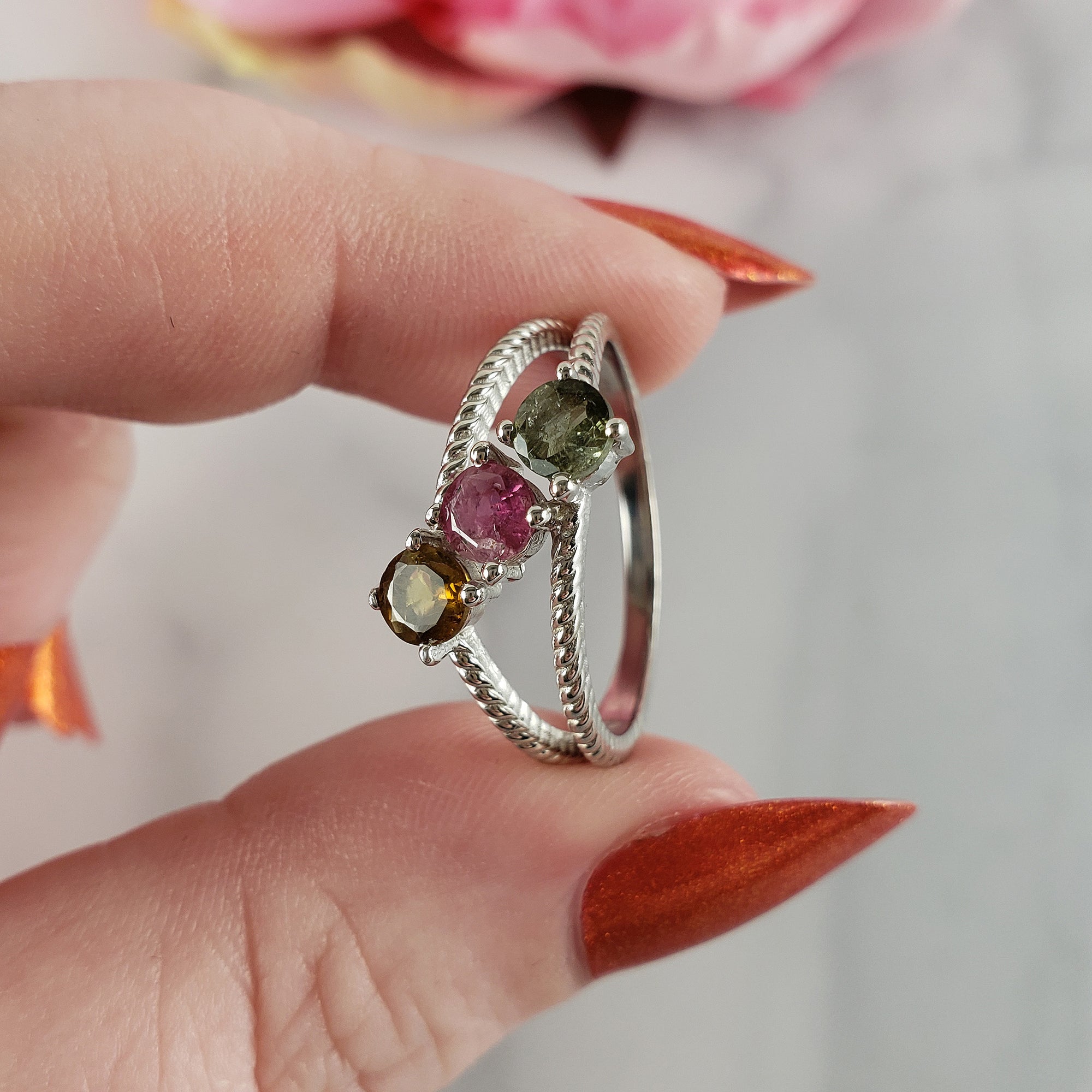 Orange-Yellow Tourmaline, Pink Tourmaline, & Green Tourmaline Crystal Natural Gemstone 925 Sterling Silver Ring | Size 9 - 5