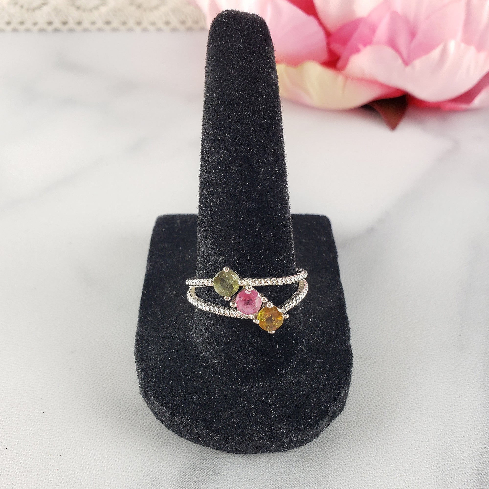 Orange-Yellow Tourmaline, Pink Tourmaline, & Green Tourmaline Crystal Natural Gemstone 925 Sterling Silver Ring | Size 9