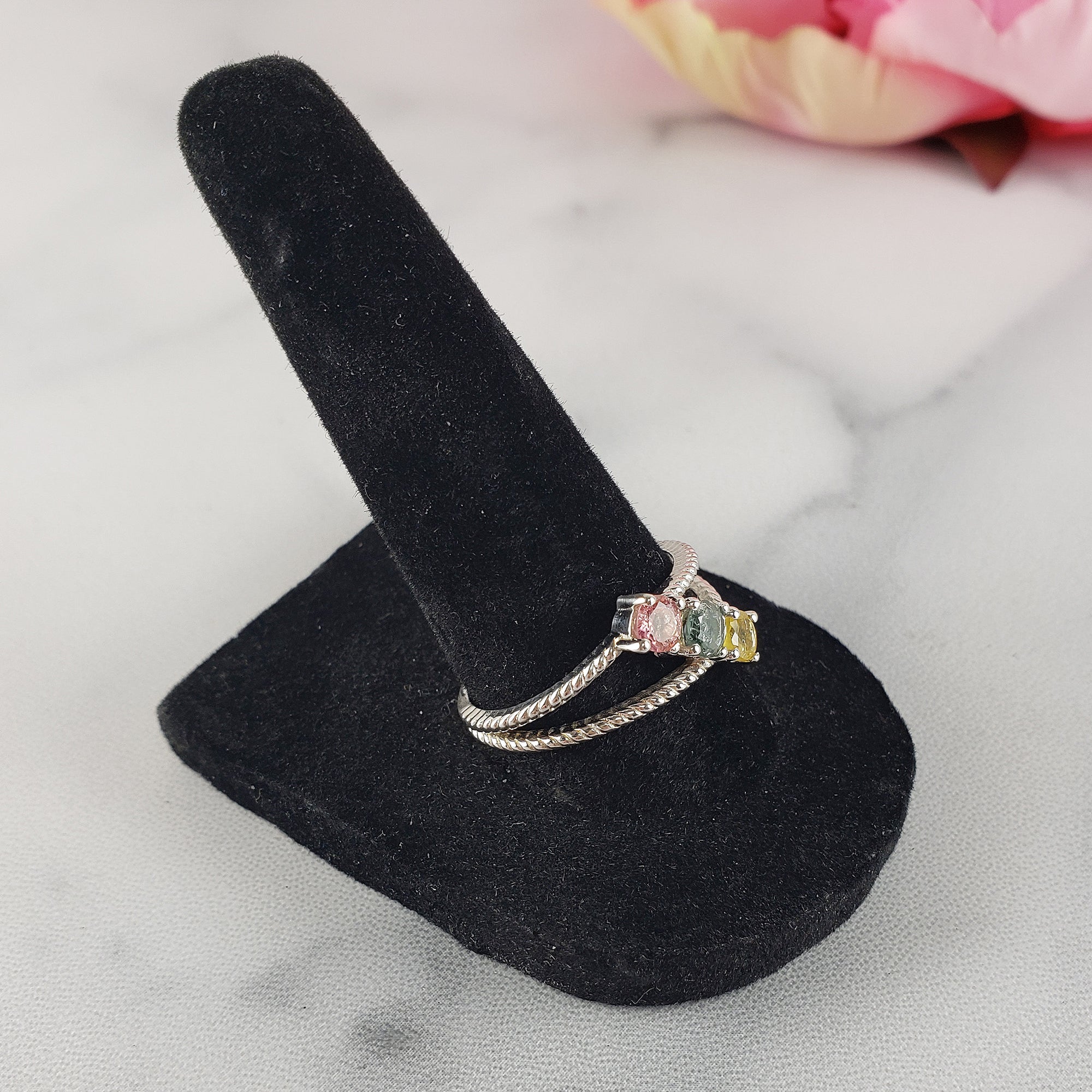 Pink Tourmaline, Blue-Green Tourmaline, &amp; Yellow Tourmaline Crystal Natural Gemstone 925 Sterling Silver Ring | Size 9 - 4