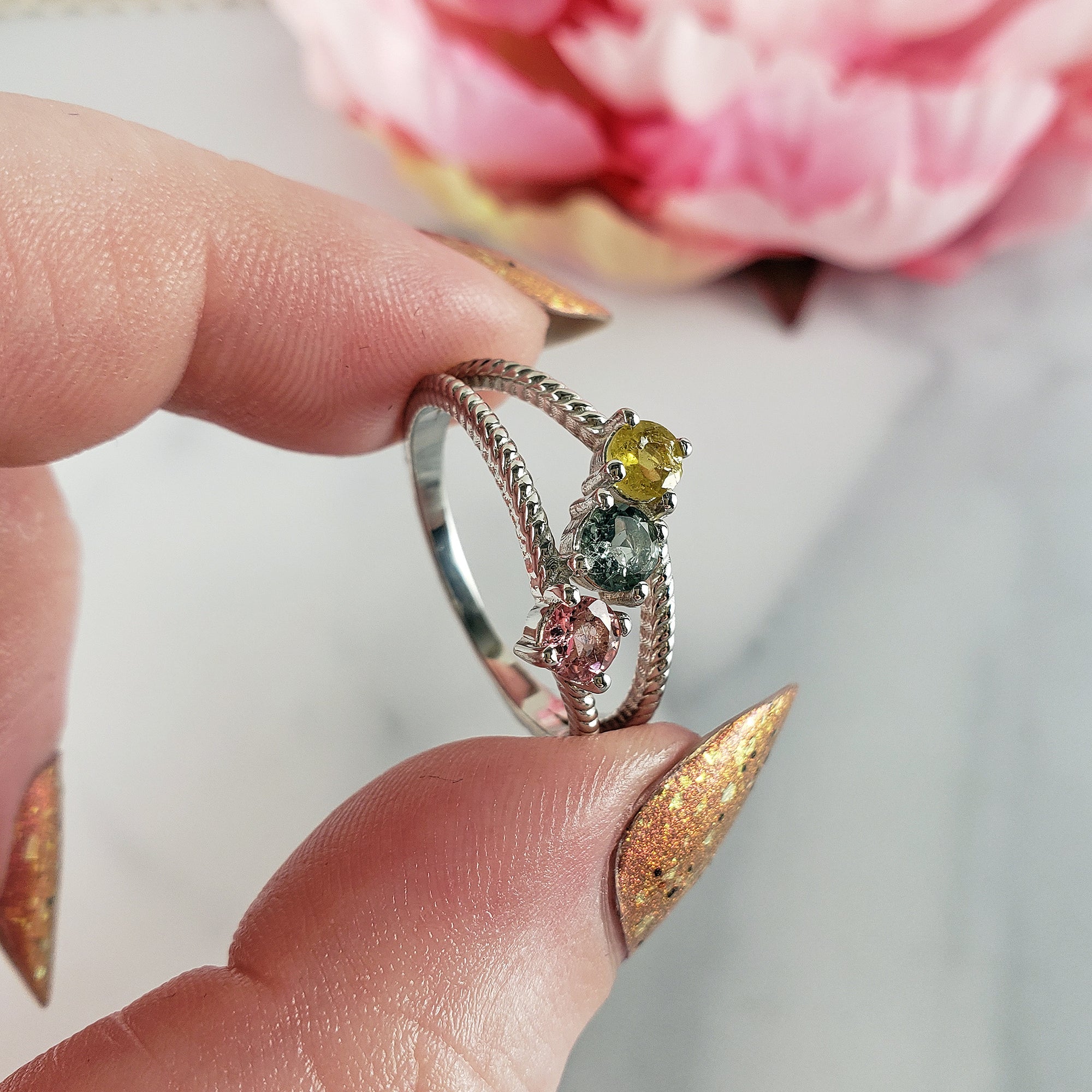 Pink Tourmaline, Blue-Green Tourmaline, &amp; Yellow Tourmaline Crystal Natural Gemstone 925 Sterling Silver Ring | Size 9 - 3
