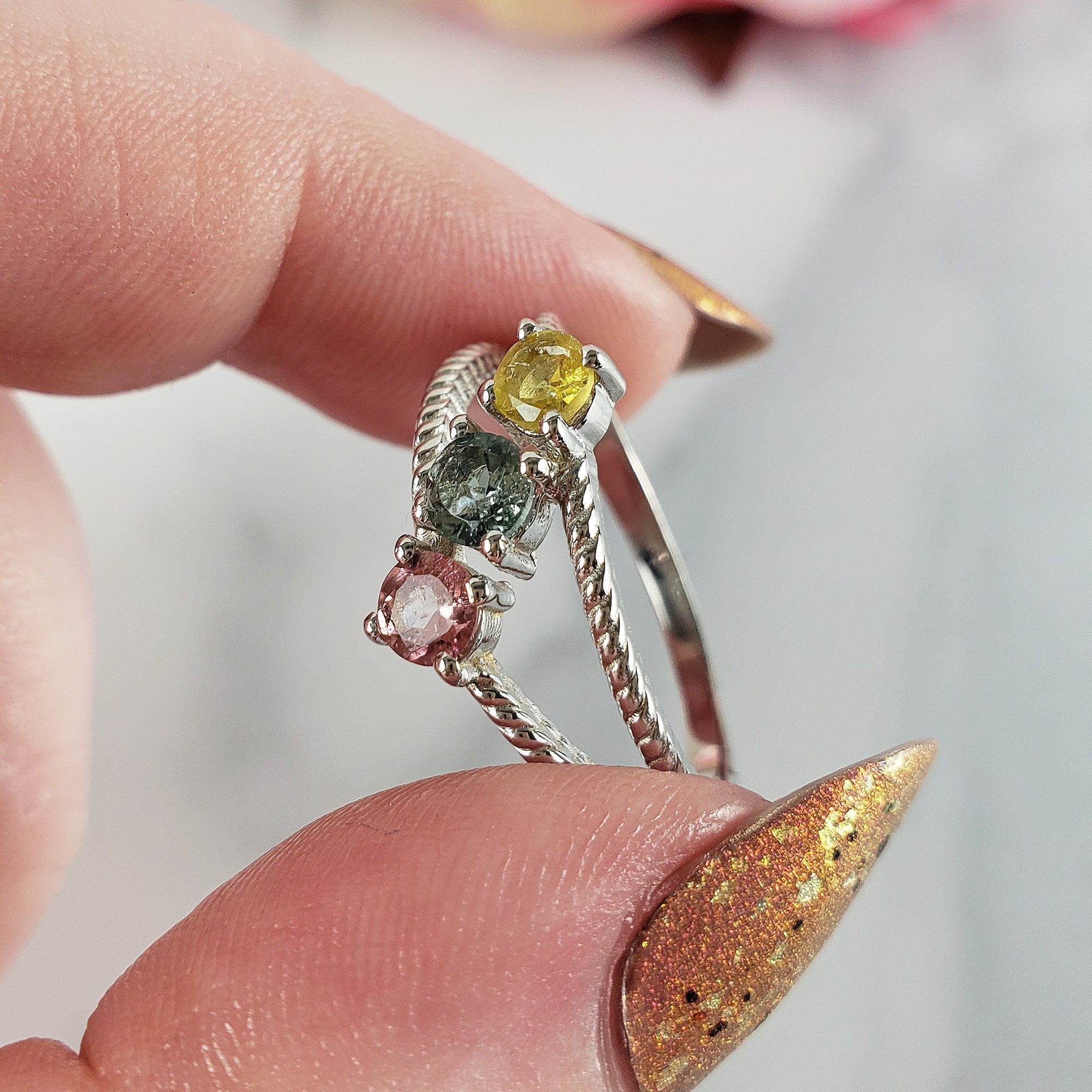 Pink Tourmaline, Blue-Green Tourmaline, & Yellow Tourmaline Crystal Natural Gemstone 925 Sterling Silver Ring | Size 9 - 1