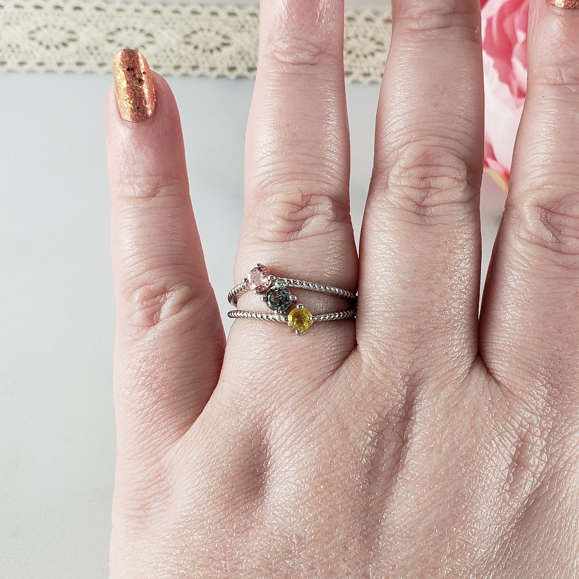 Pink Tourmaline, Blue-Green Tourmaline, & Yellow Tourmaline Crystal Natural Gemstone 925 Sterling Silver Ring | Size 9 - 2