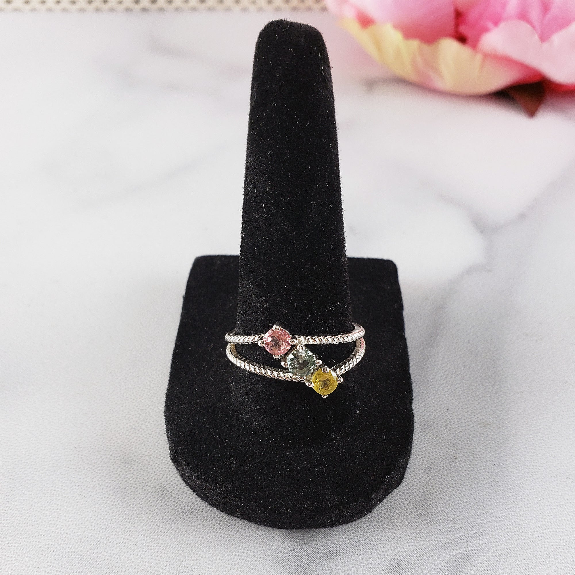 Pink Tourmaline, Blue-Green Tourmaline, & Yellow Tourmaline Crystal Natural Gemstone 925 Sterling Silver Ring | Size 9