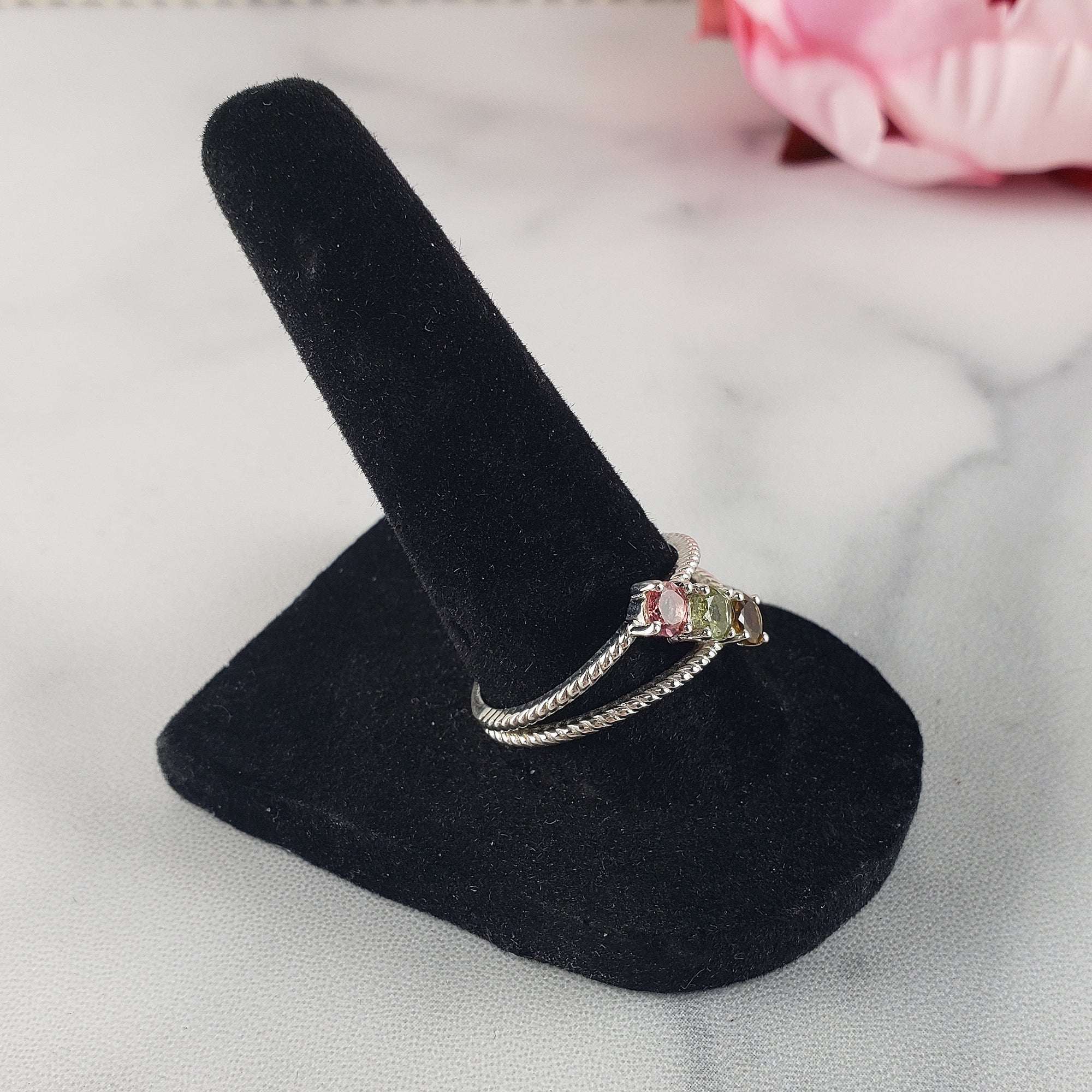 Yellow Tourmaline, Green Tourmaline, &amp; Pink Tourmaline Crystal Natural Gemstone 925 Sterling Silver Ring | Size 9 - 1