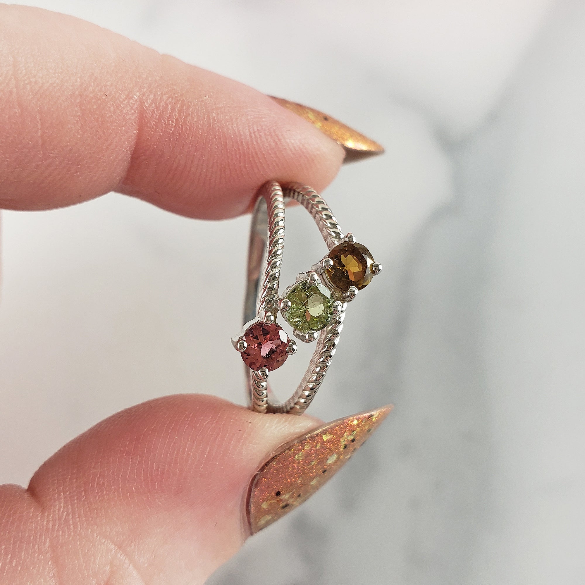 Yellow Tourmaline, Green Tourmaline, & Pink Tourmaline Crystal Natural Gemstone 925 Sterling Silver Ring | Size 9 - 3