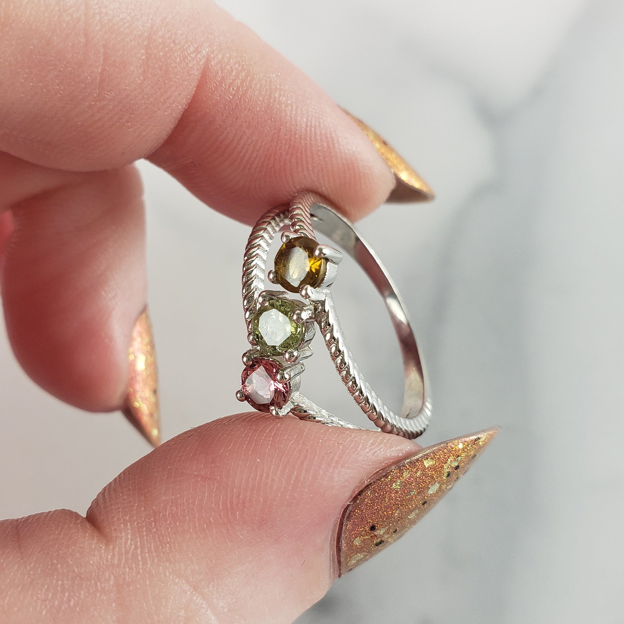 Yellow Tourmaline, Green Tourmaline, &amp; Pink Tourmaline Crystal Natural Gemstone 925 Sterling Silver Ring | Size 9 - 4