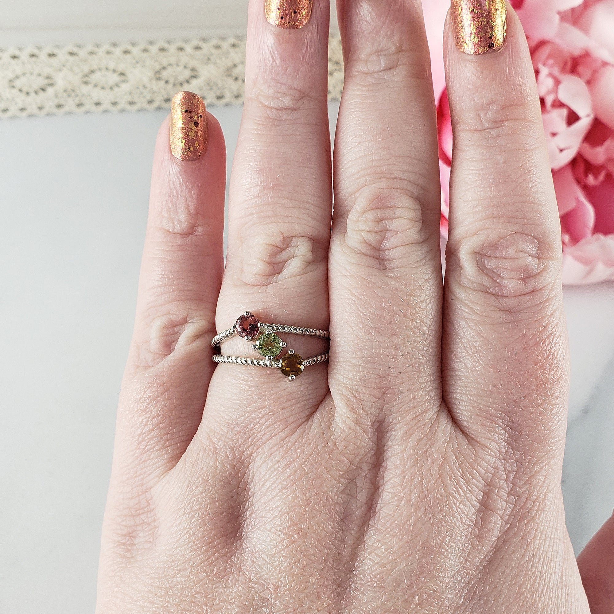 Yellow Tourmaline, Green Tourmaline, & Pink Tourmaline Crystal Natural Gemstone 925 Sterling Silver Ring | Size 9 - 5