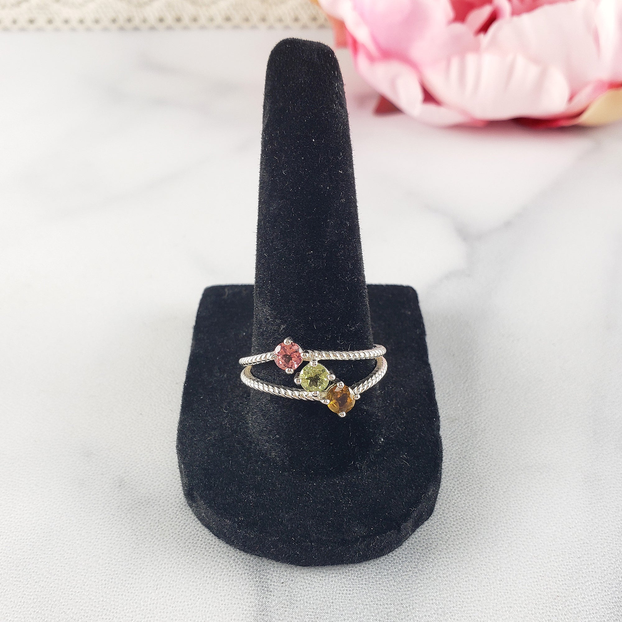 Yellow Tourmaline, Green Tourmaline, & Pink Tourmaline Crystal Natural Gemstone 925 Sterling Silver Ring | Size 9