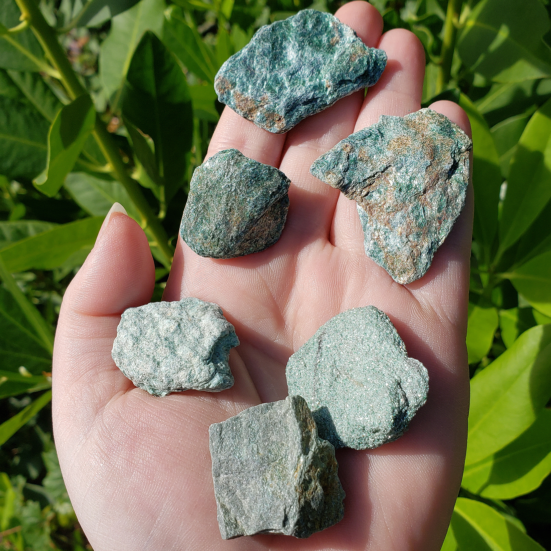 Raw Fuchsite Muscovite Mica Natural Rough Gemstone - Small One Stone - In Hand in Sunlight