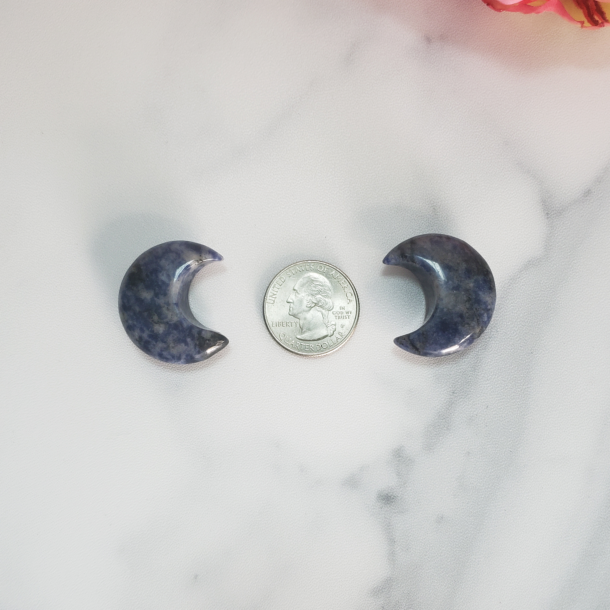 Sodalite Crystal Natural Gemstone Crescent Moon Carving Fidget Stone - Size Comparison