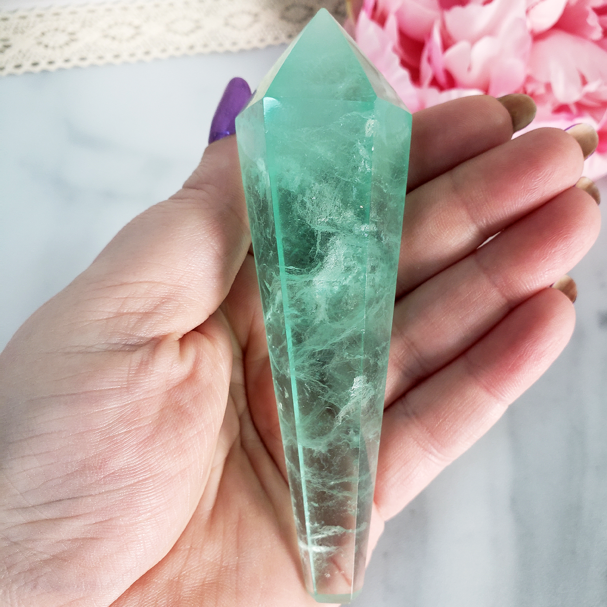 Unique Aqua Green Fluorite Crystal Wand Natural Gemstone Scepter | Sora - 3