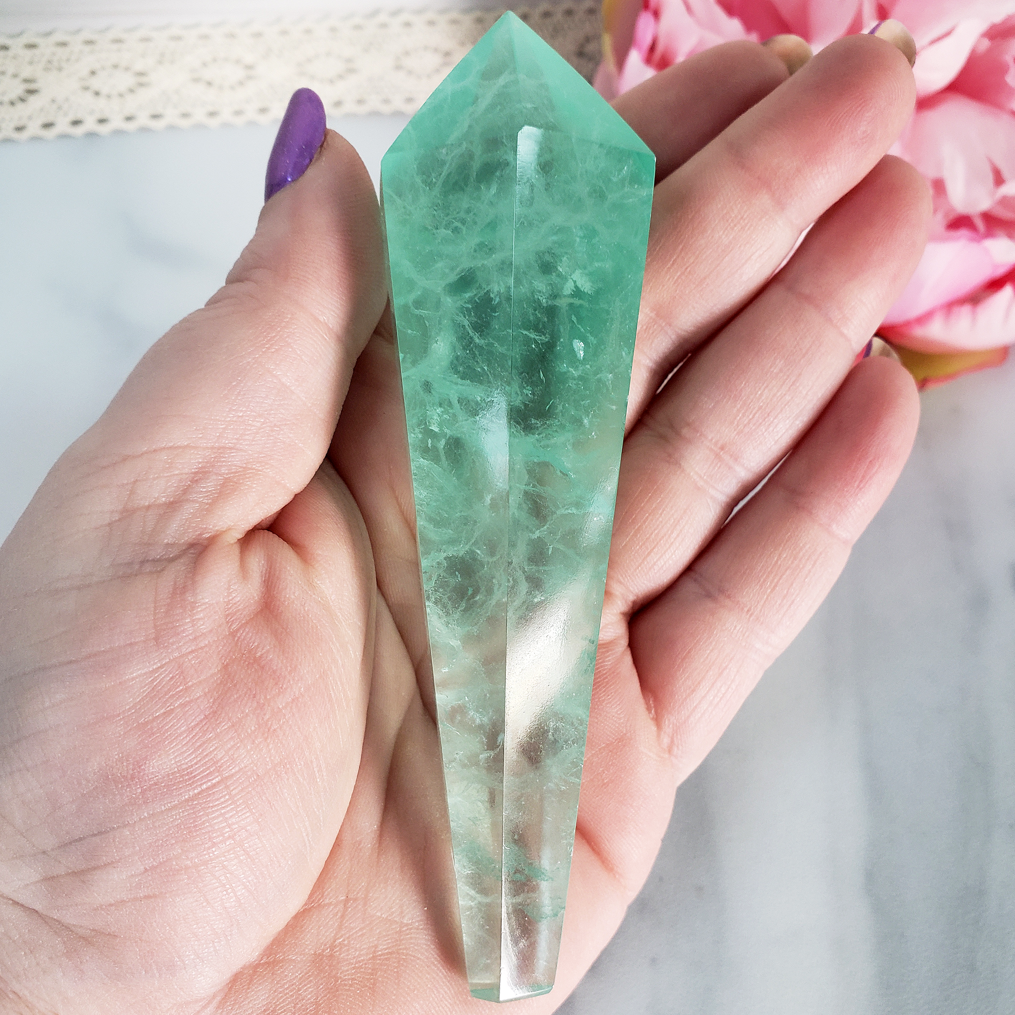 Unique Aqua Green Fluorite Crystal Wand Natural Gemstone Scepter | Sora