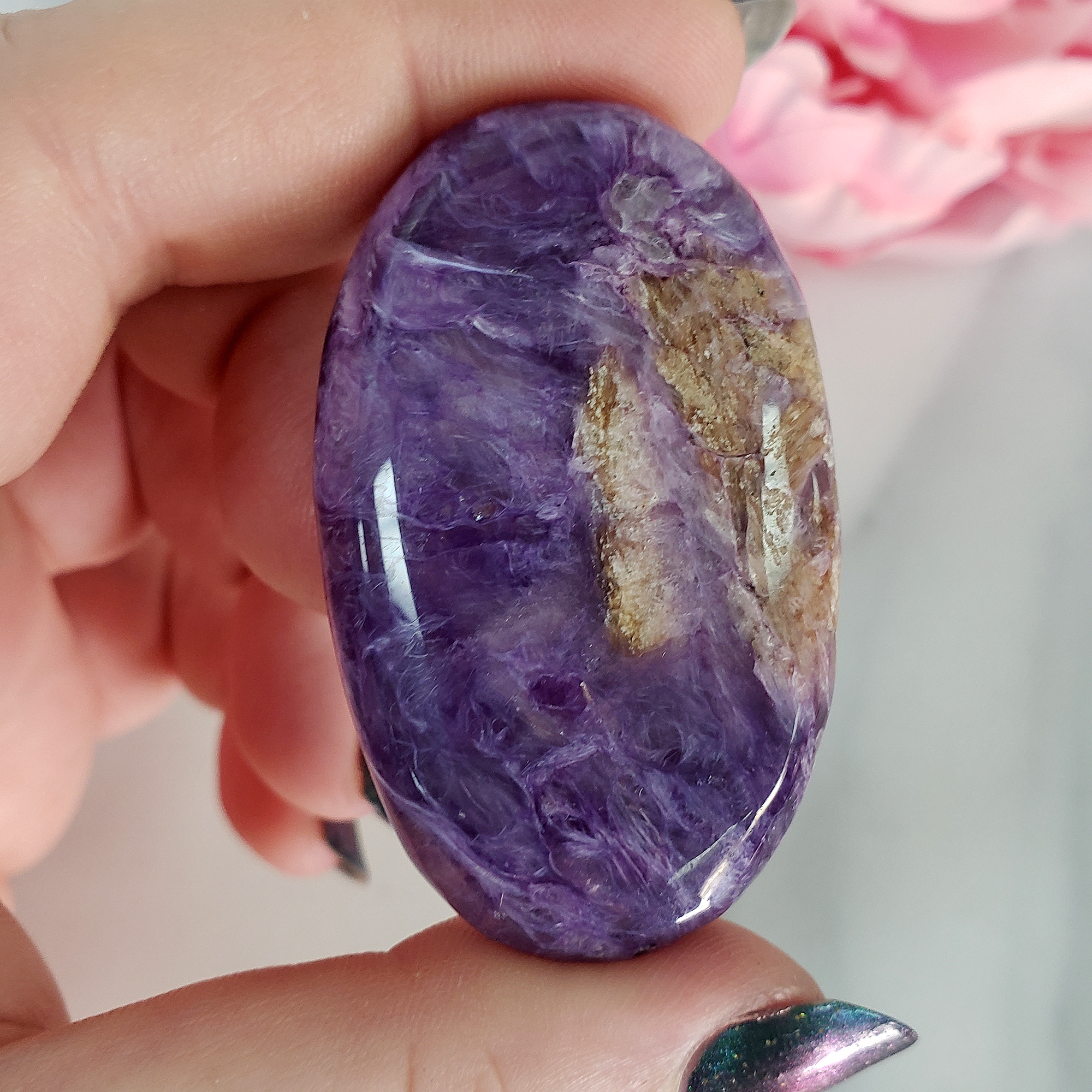 Unique Charoite Stone with Tokkoite Natural Crystal Palm Stone | Soul - 2