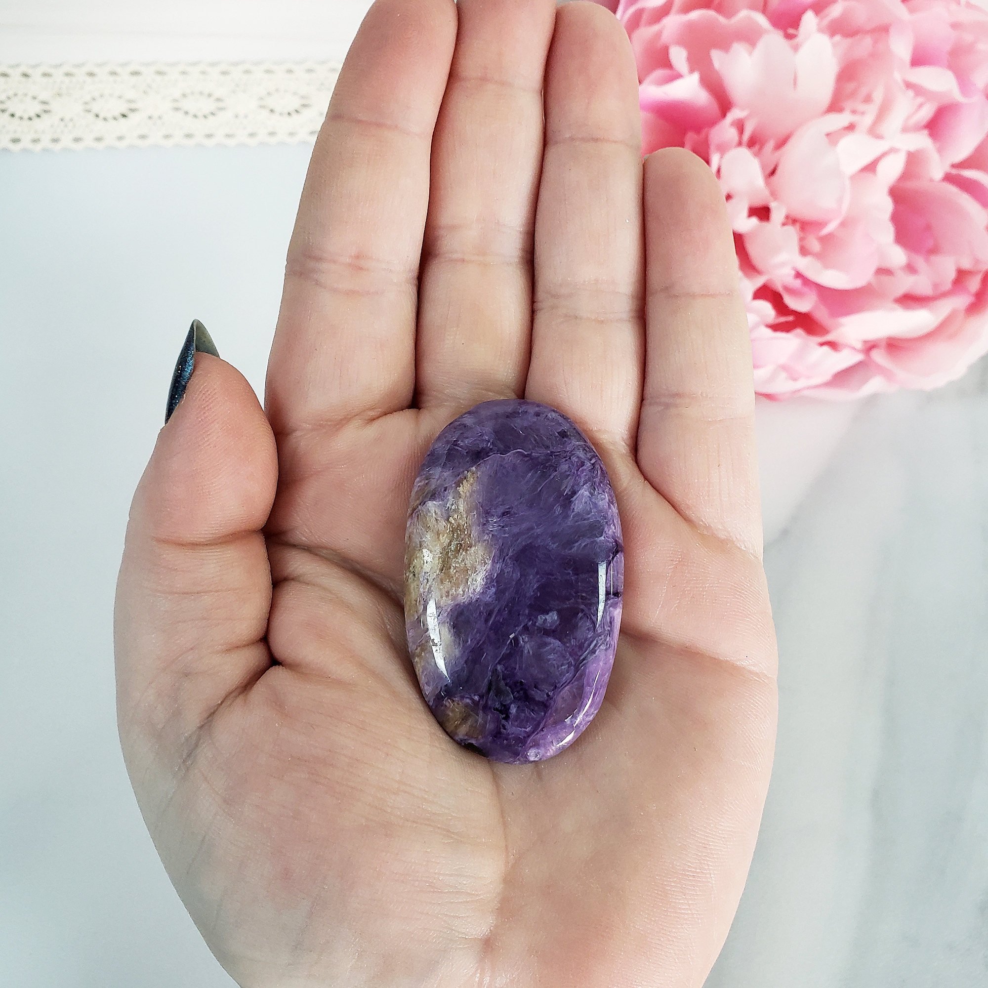 Unique Charoite Stone with Tokkoite Natural Crystal Palm Stone | Soul - 1