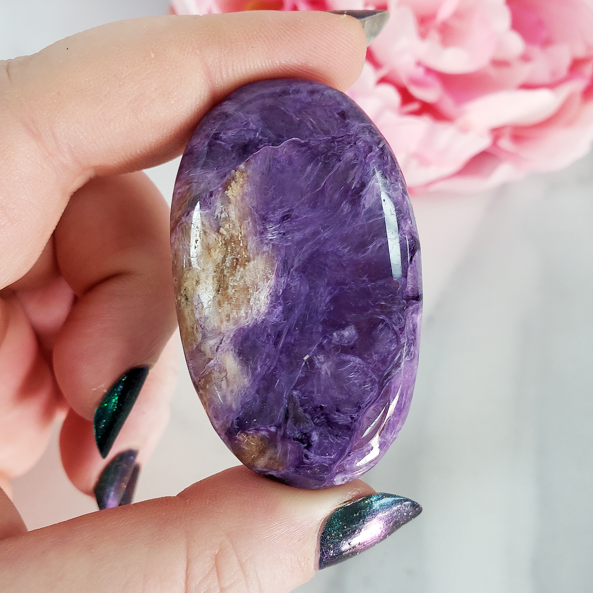 Unique Charoite Stone with Tokkoite Natural Crystal Palm Stone | Soul