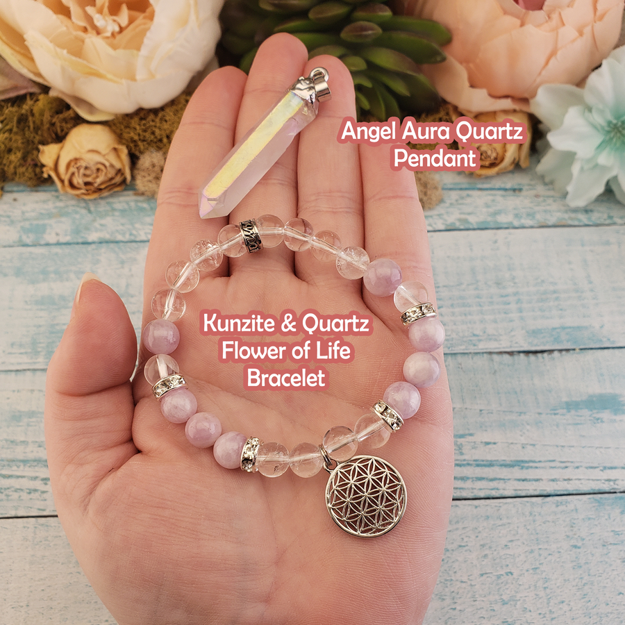 Spa & Sparkle Gift Set - Valentines Day Gift Box - Kunzite Bracelet & Angel Aura Quartz Necklace